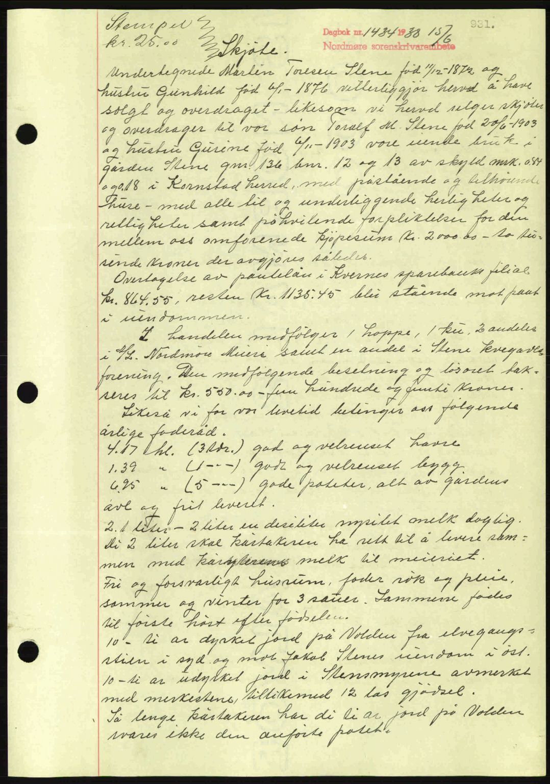 Nordmøre sorenskriveri, SAT/A-4132/1/2/2Ca: Pantebok nr. A83, 1938-1938, Dagboknr: 1434/1938