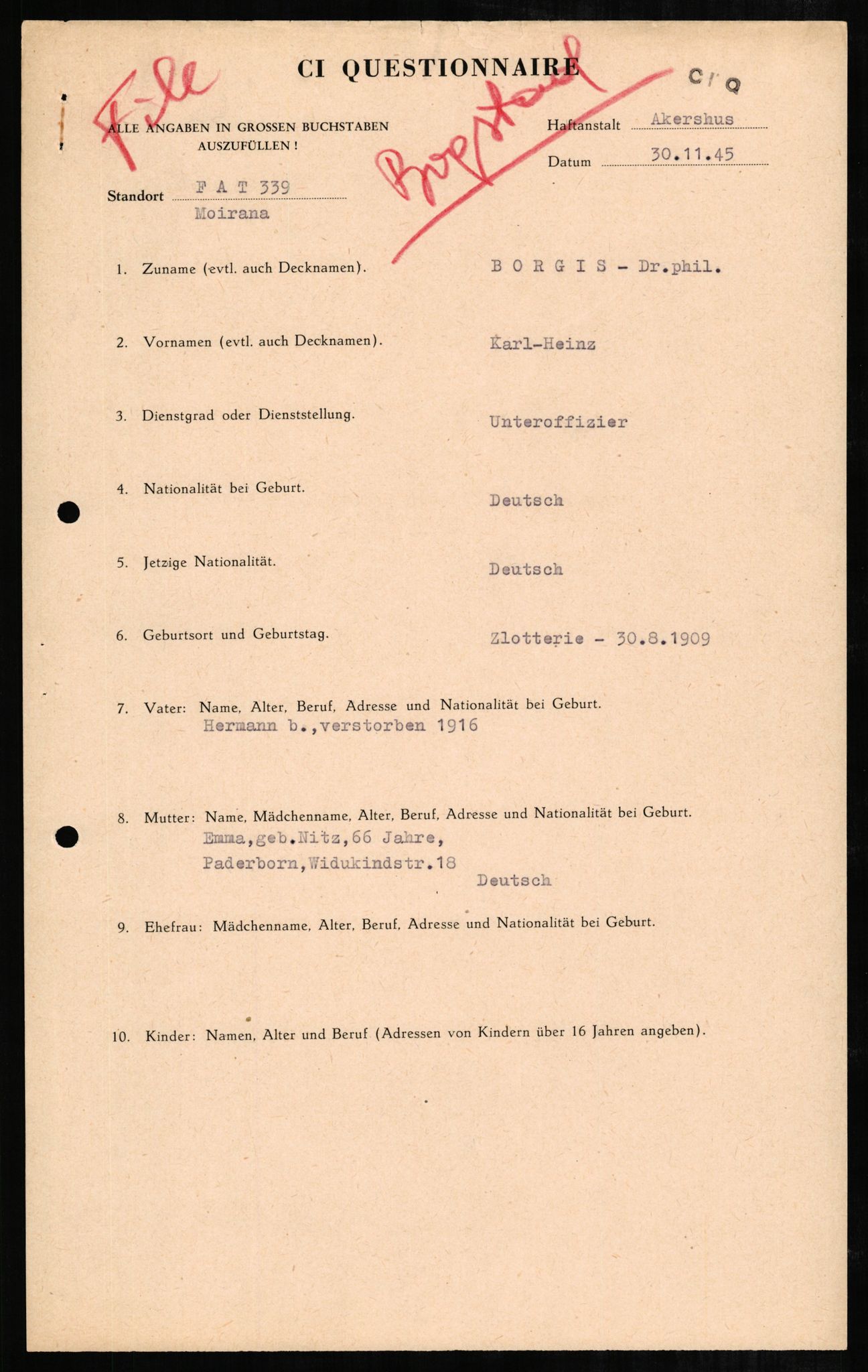 Forsvaret, Forsvarets overkommando II, AV/RA-RAFA-3915/D/Db/L0003: CI Questionaires. Tyske okkupasjonsstyrker i Norge. Tyskere., 1945-1946, s. 618