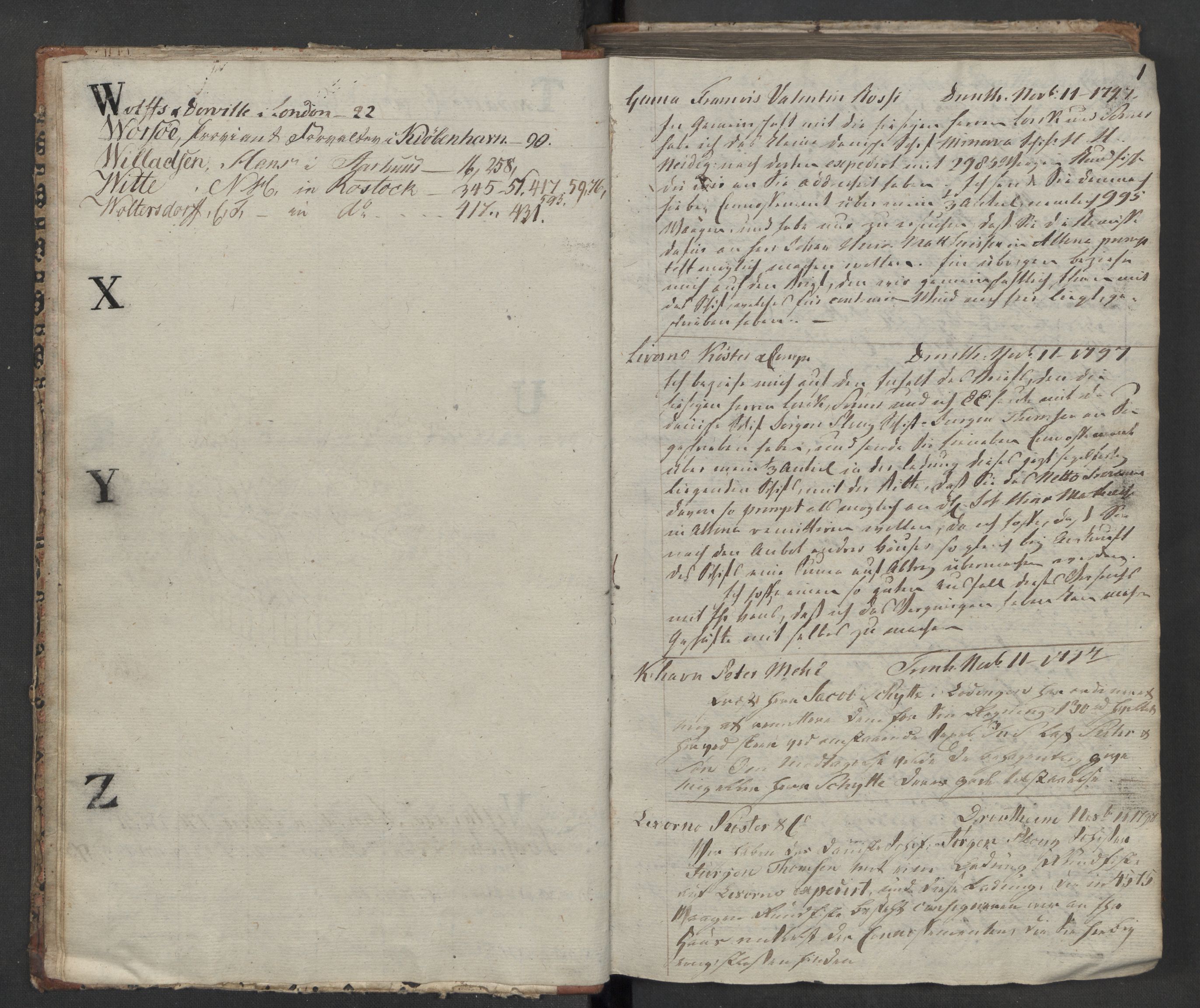 Hoë, Herman & Co, SAT/PA-0280/11/L0009: Kopibok, utenriks, 1797-1802, s. 1