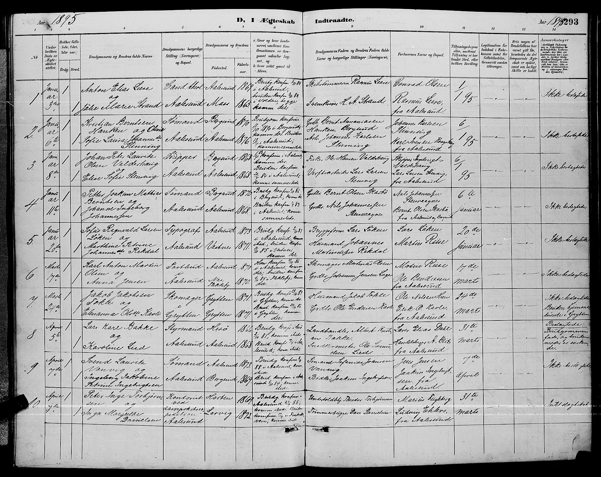 Ministerialprotokoller, klokkerbøker og fødselsregistre - Møre og Romsdal, SAT/A-1454/529/L0467: Klokkerbok nr. 529C04, 1889-1897, s. 293