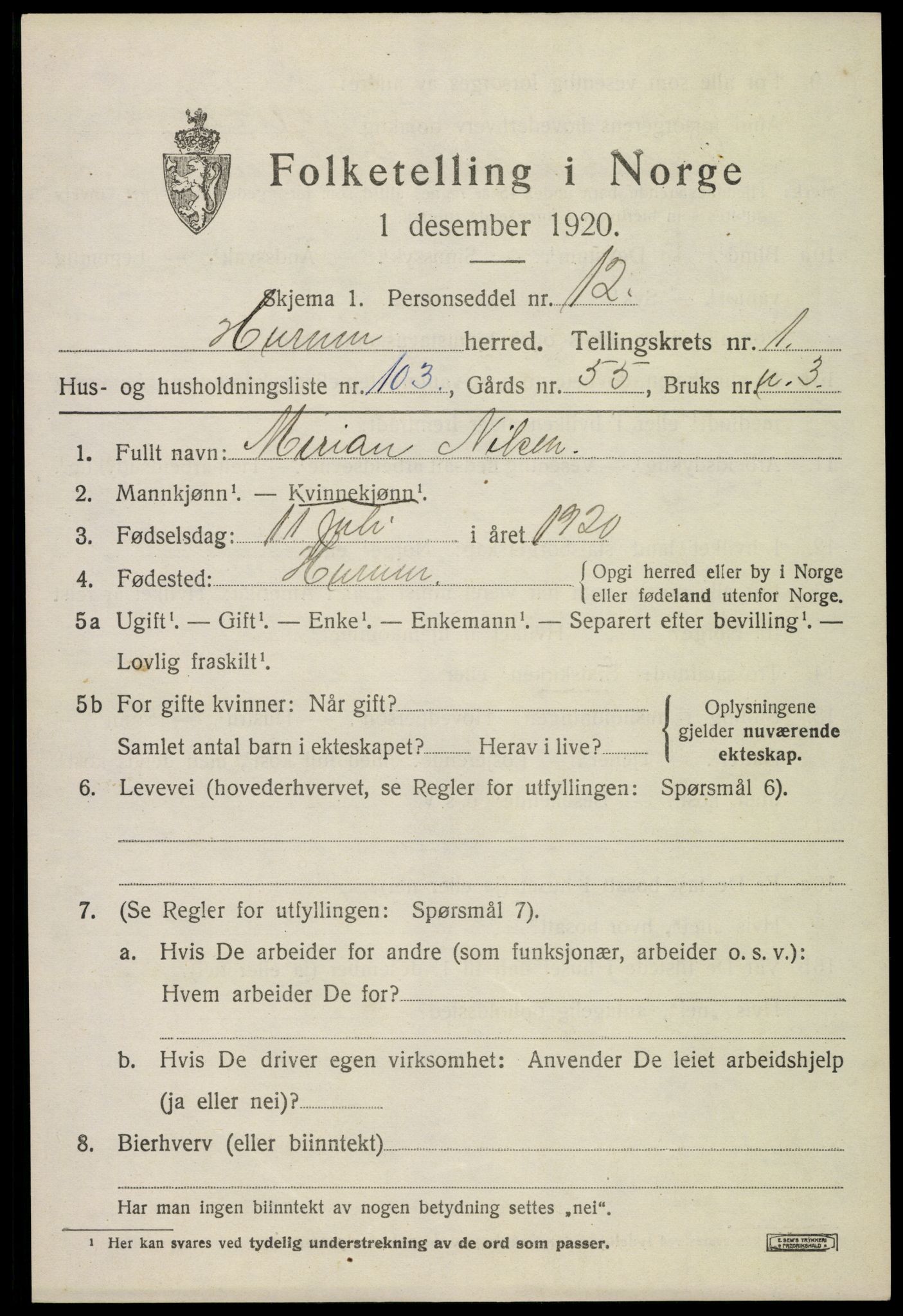 SAKO, Folketelling 1920 for 0628 Hurum herred, 1920, s. 3092