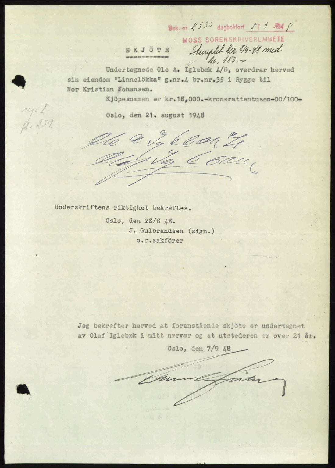 Moss sorenskriveri, SAO/A-10168: Pantebok nr. A20, 1948-1948, Dagboknr: 2330/1948