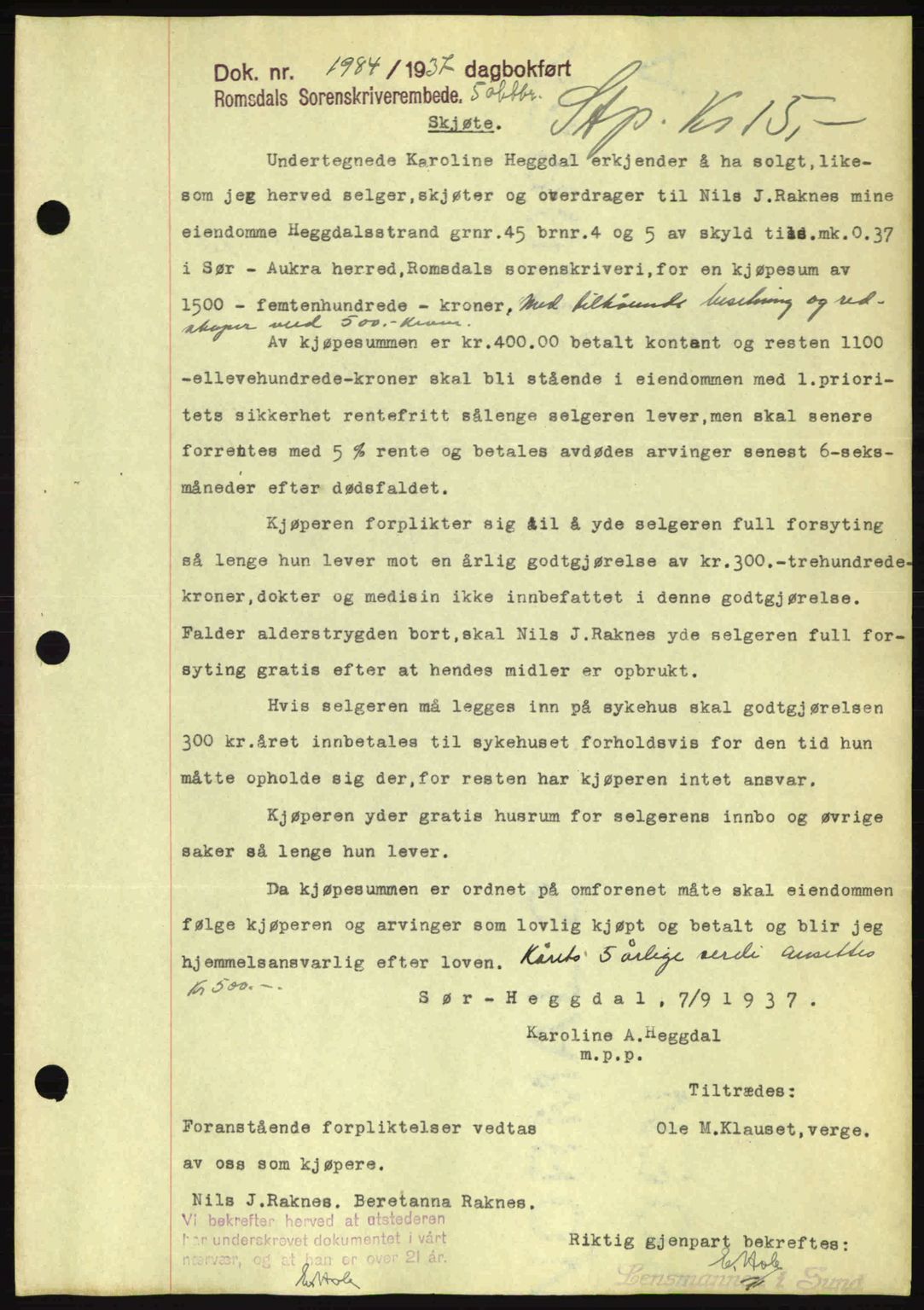 Romsdal sorenskriveri, SAT/A-4149/1/2/2C: Pantebok nr. A4, 1937-1938, Dagboknr: 1984/1937