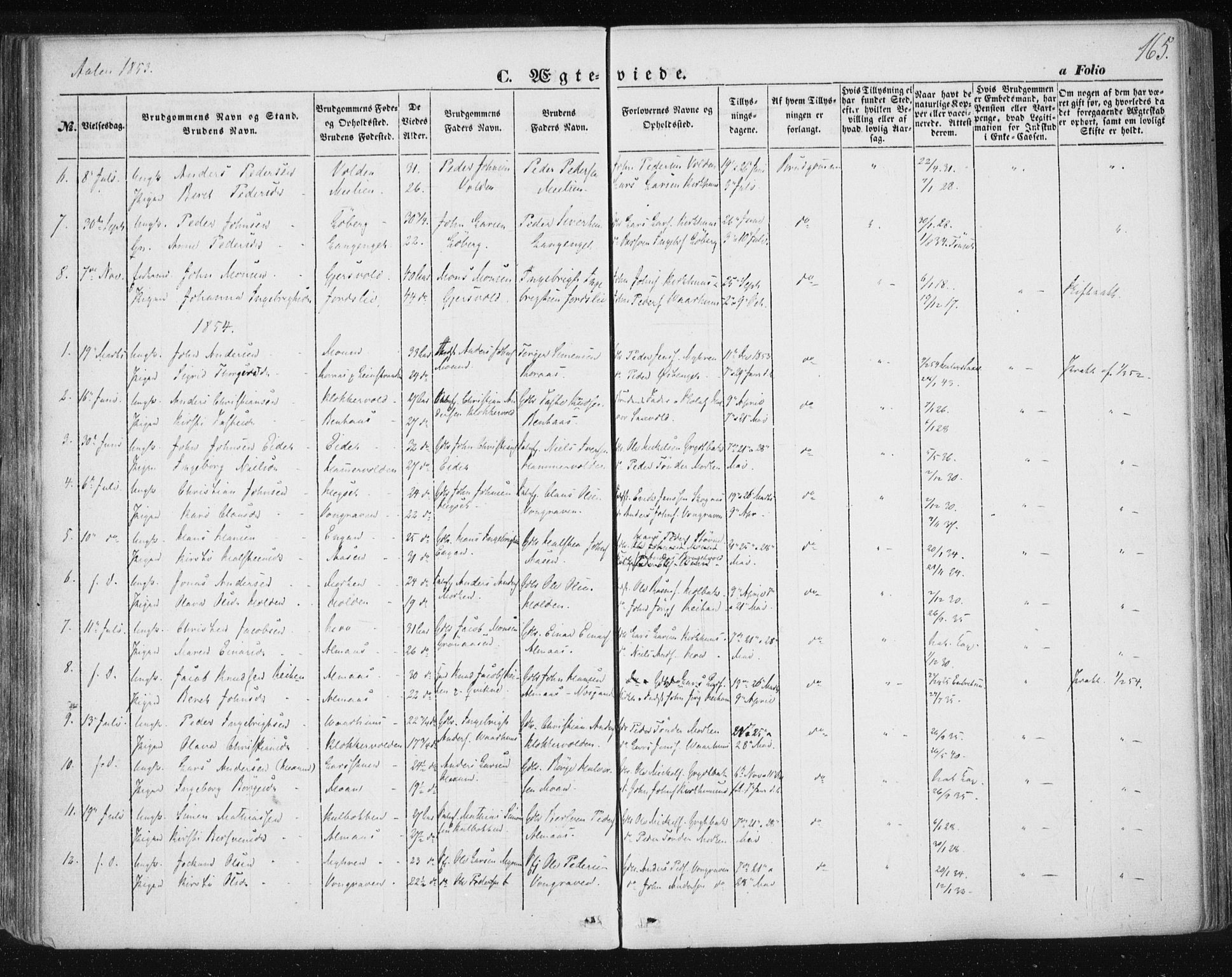 Ministerialprotokoller, klokkerbøker og fødselsregistre - Sør-Trøndelag, SAT/A-1456/685/L0965: Ministerialbok nr. 685A06 /3, 1846-1859, s. 165
