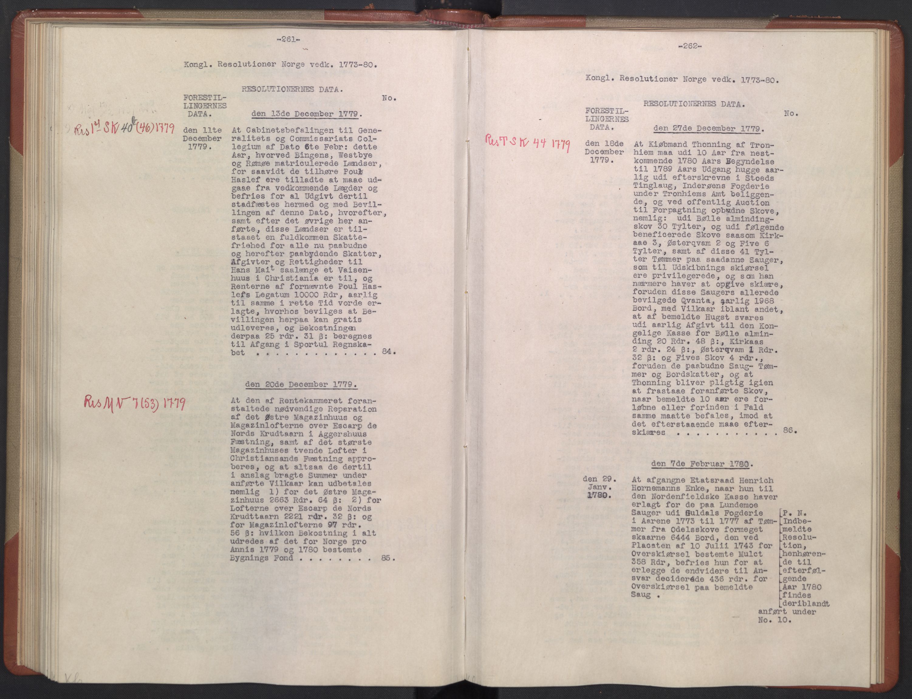 Avskriftsamlingen, AV/RA-EA-4022/F/Fb/L0122: Registratur over norske Relasjons- og resolusjonsprotokoller, 1773-1780, s. 89