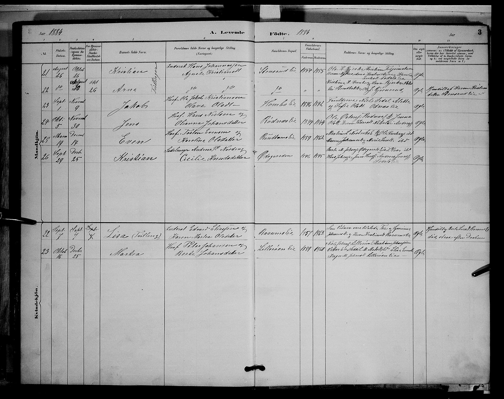 Søndre Land prestekontor, AV/SAH-PREST-122/L/L0003: Klokkerbok nr. 3, 1884-1902, s. 3