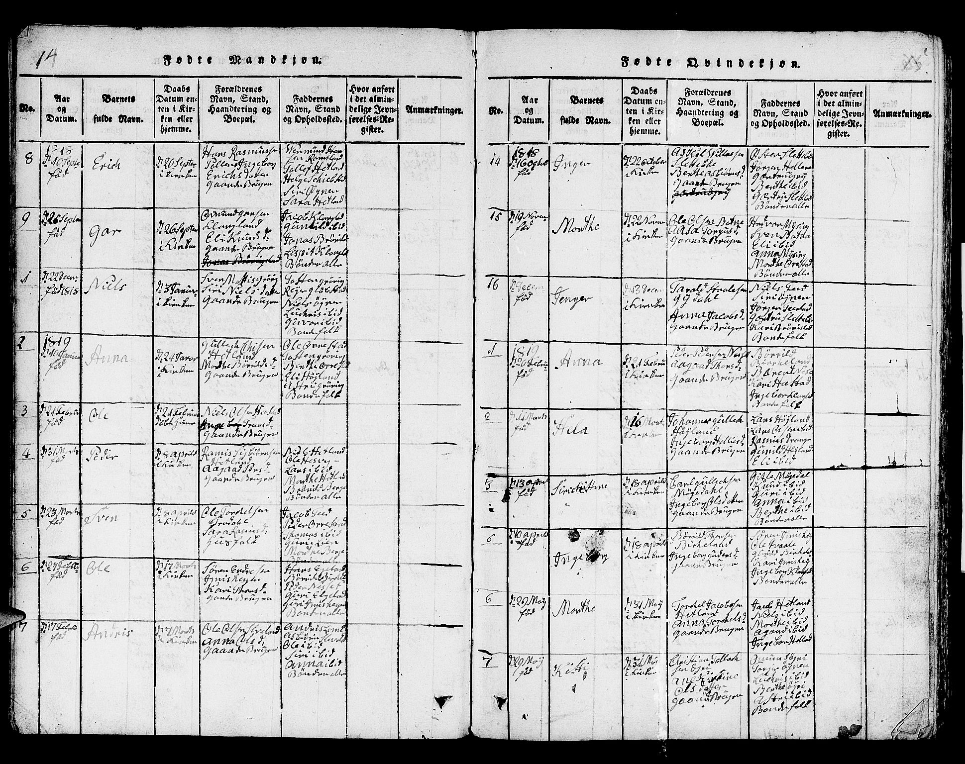 Helleland sokneprestkontor, AV/SAST-A-101810: Klokkerbok nr. B 1, 1815-1841, s. 14-15