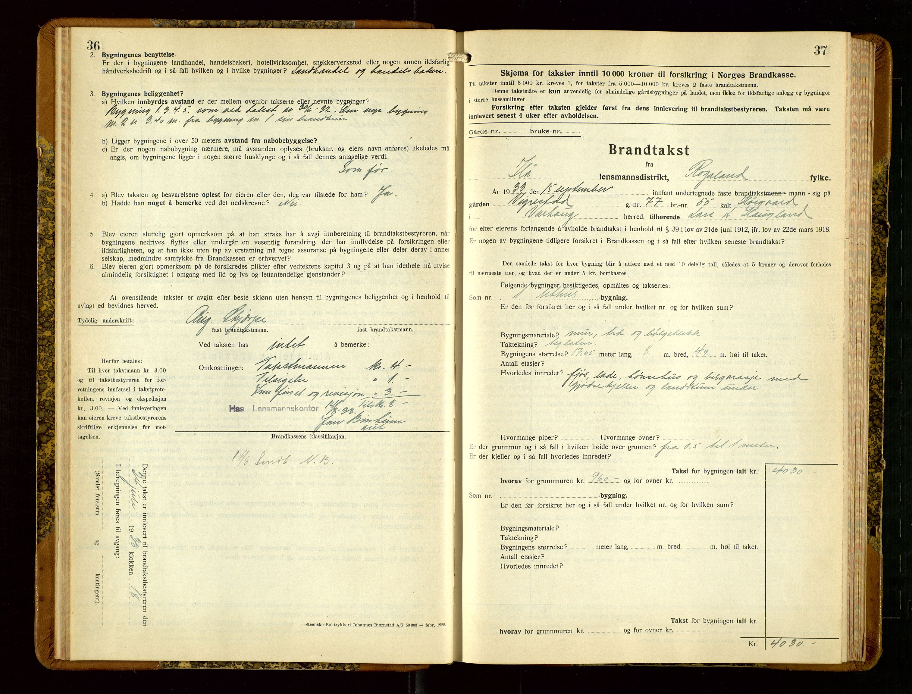 Hå lensmannskontor, AV/SAST-A-100456/Goa/L0006: Takstprotokoll (skjema), 1932-1938, s. 36-37