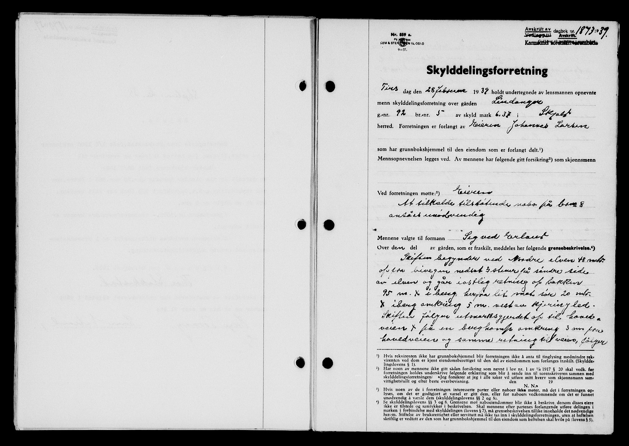 Karmsund sorenskriveri, SAST/A-100311/01/II/IIB/L0072: Pantebok nr. 53A, 1939-1940, Dagboknr: 1873/1939