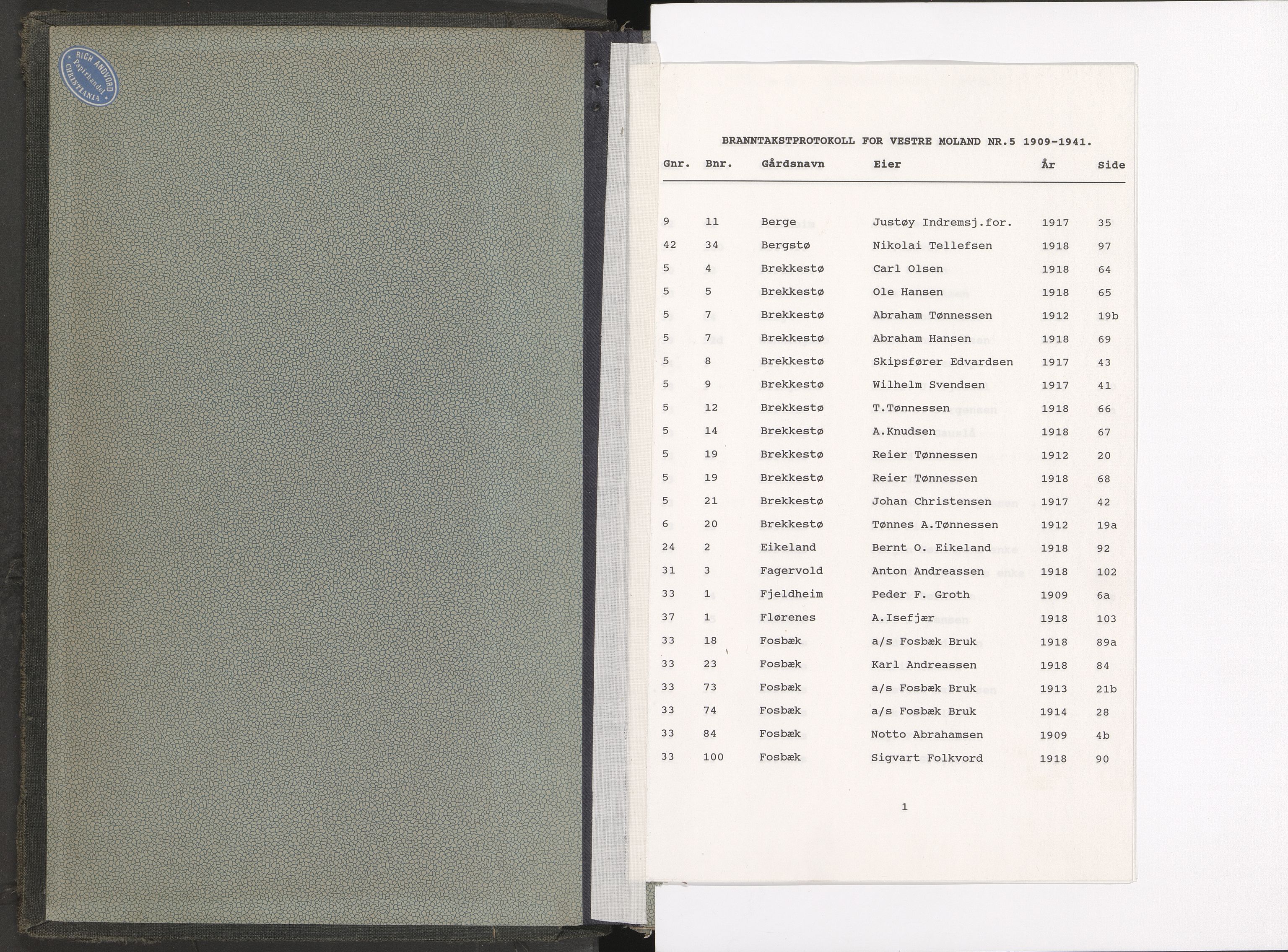 Norges Brannkasse Vestre Moland, AV/SAK-2241-0056/F/Fa/L0005: Branntakstprotokoll nr. 5 med gårdsnavnregister, 1909-1941