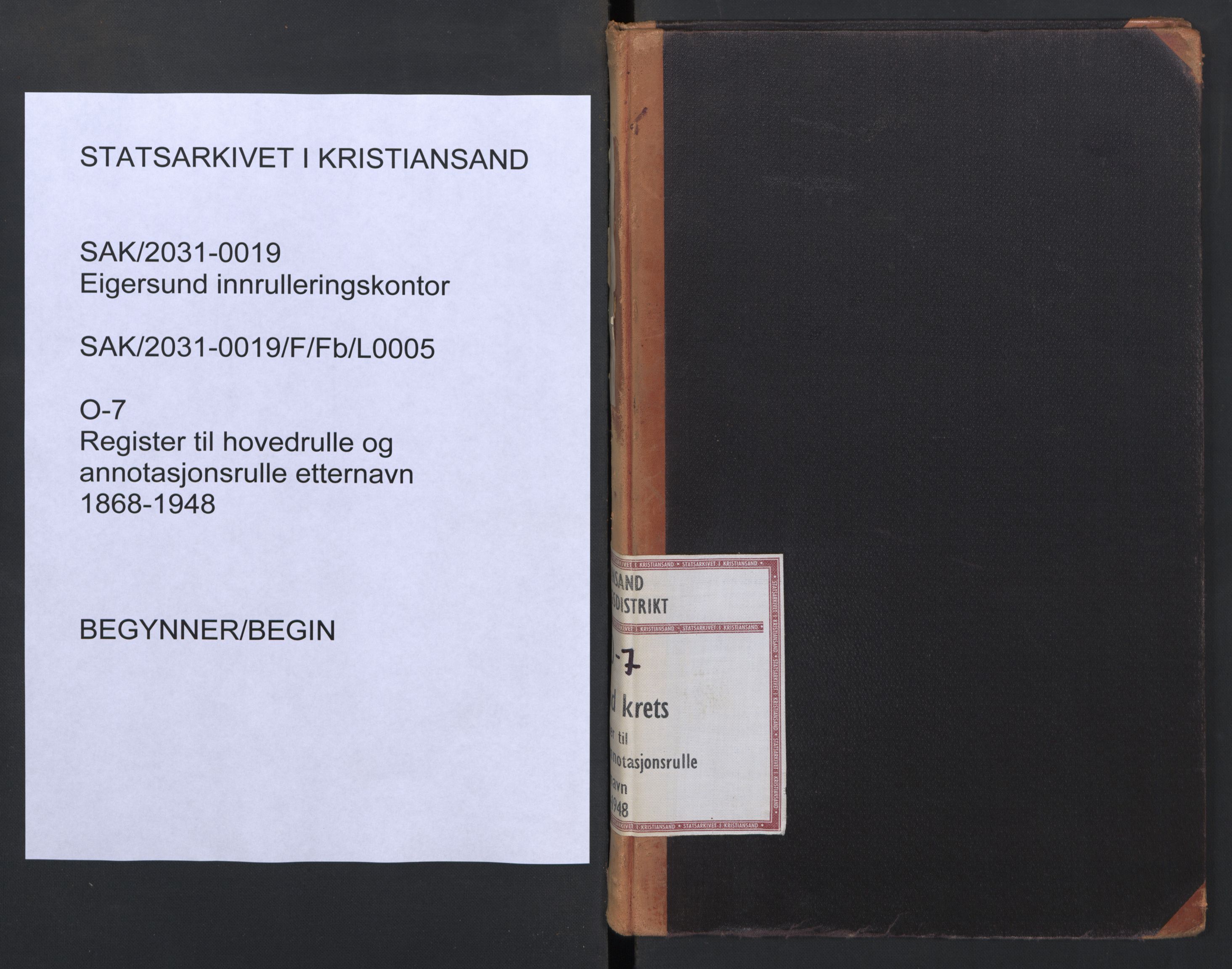 Egersund mønstringskrets, SAK/2031-0019/F/Fb/L0005: Register til hovedrulle og annotasjonsrulle etternavn, O-7, 1868-1948, s. 1
