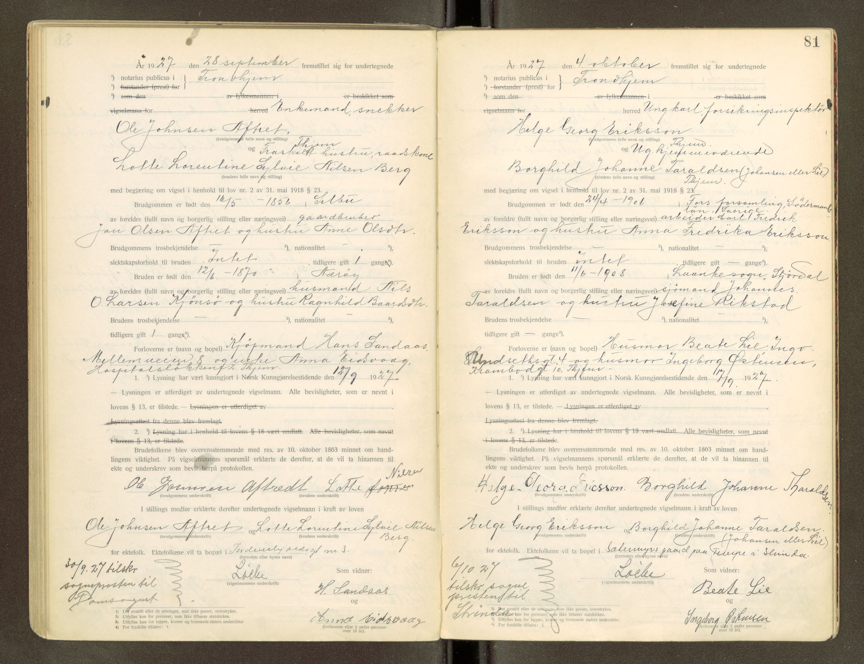 Trondheim byfogd, AV/SAT-A-0003/1/6/6D/L0001: Vigselbøker, 1920-1937, s. 80
