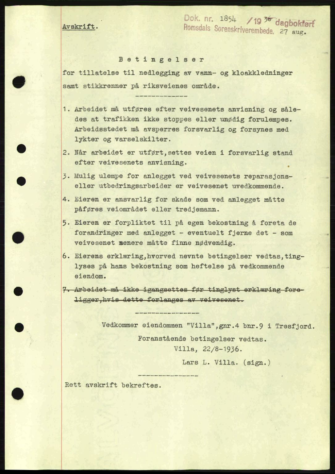 Romsdal sorenskriveri, SAT/A-4149/1/2/2C: Pantebok nr. A1, 1936-1936, Dagboknr: 1854/1936