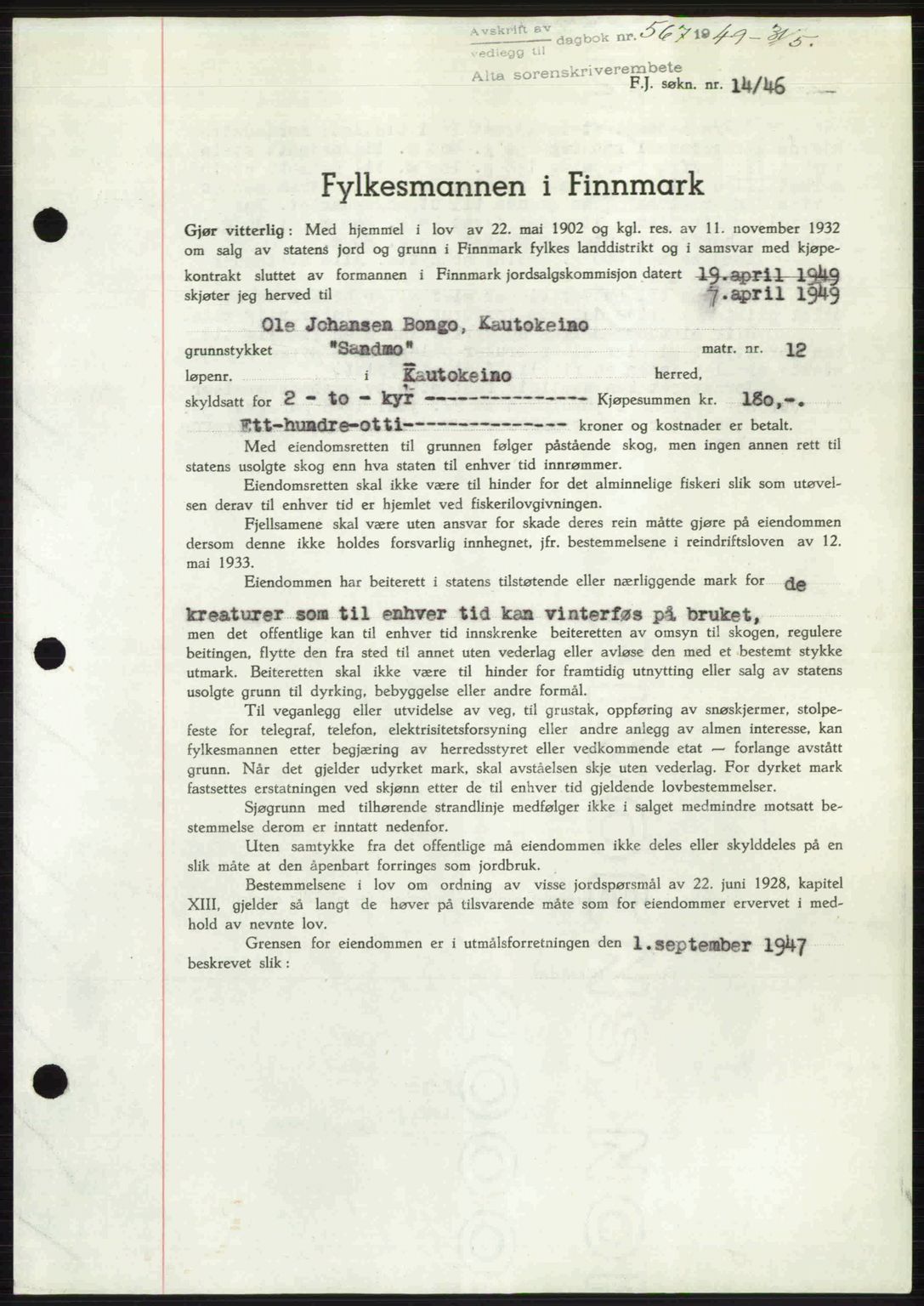 Alta fogderi/sorenskriveri, AV/SATØ-SATØ-5/1/K/Kd/L0037pantebok: Pantebok nr. 39-40, 1948-1949, Dagboknr: 567/1949