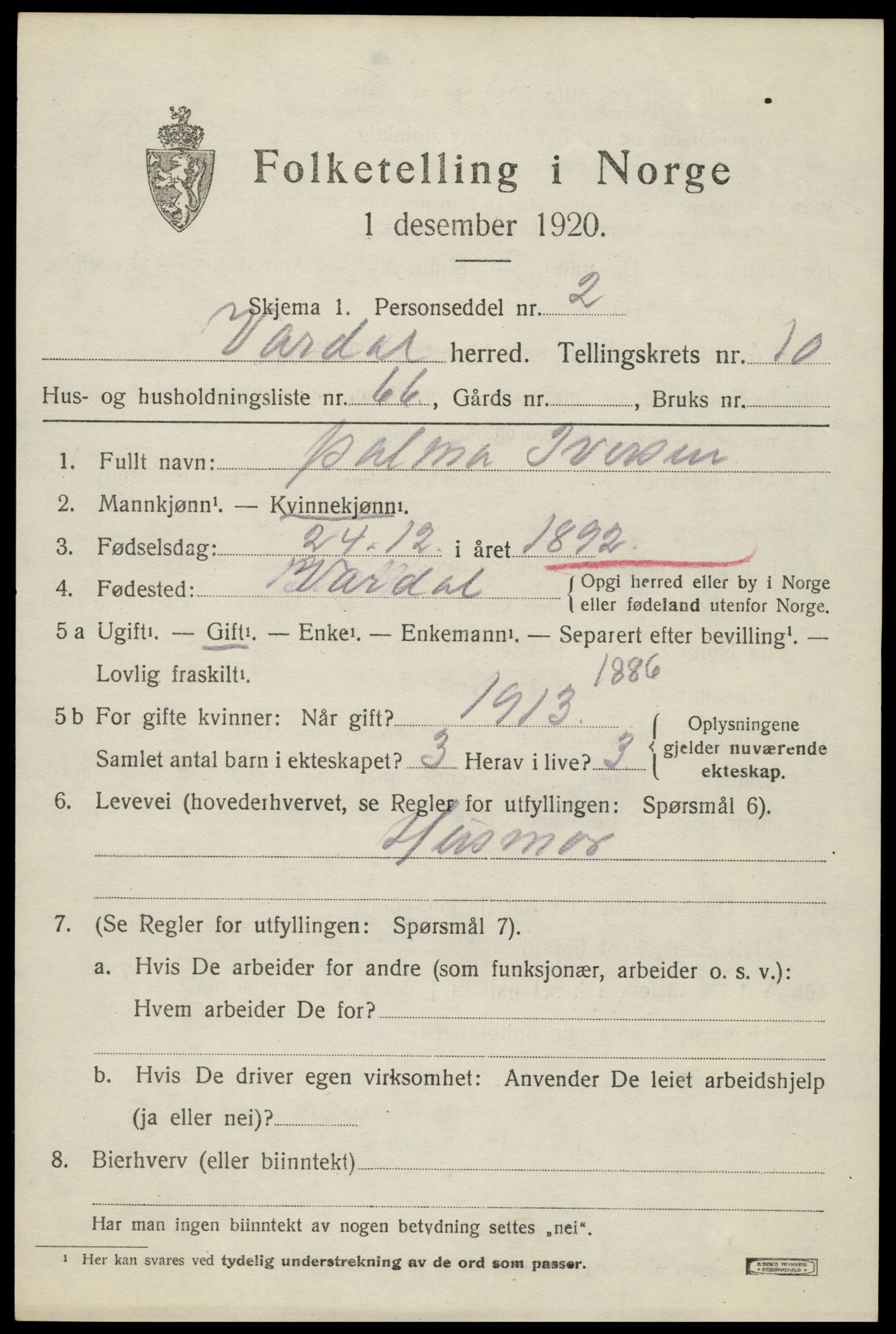 SAH, Folketelling 1920 for 0527 Vardal herred, 1920, s. 9595