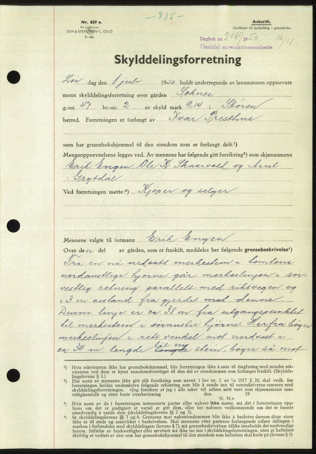 Gauldal sorenskriveri, SAT/A-0014/1/2/2C: Pantebok nr. A11, 1950-1950, Dagboknr: 2069/1950