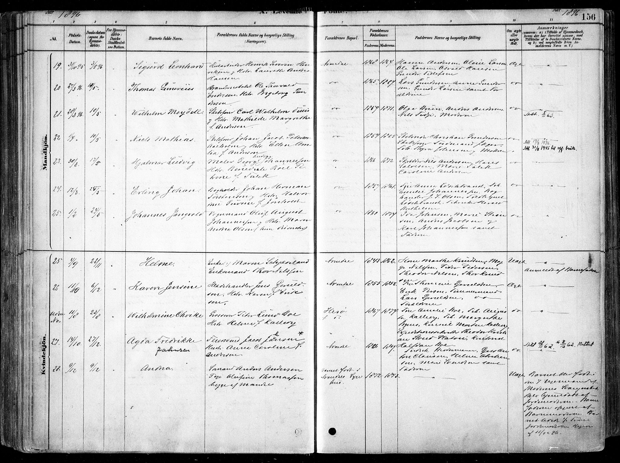 Arendal sokneprestkontor, Trefoldighet, AV/SAK-1111-0040/F/Fa/L0008: Ministerialbok nr. A 8, 1878-1899, s. 156