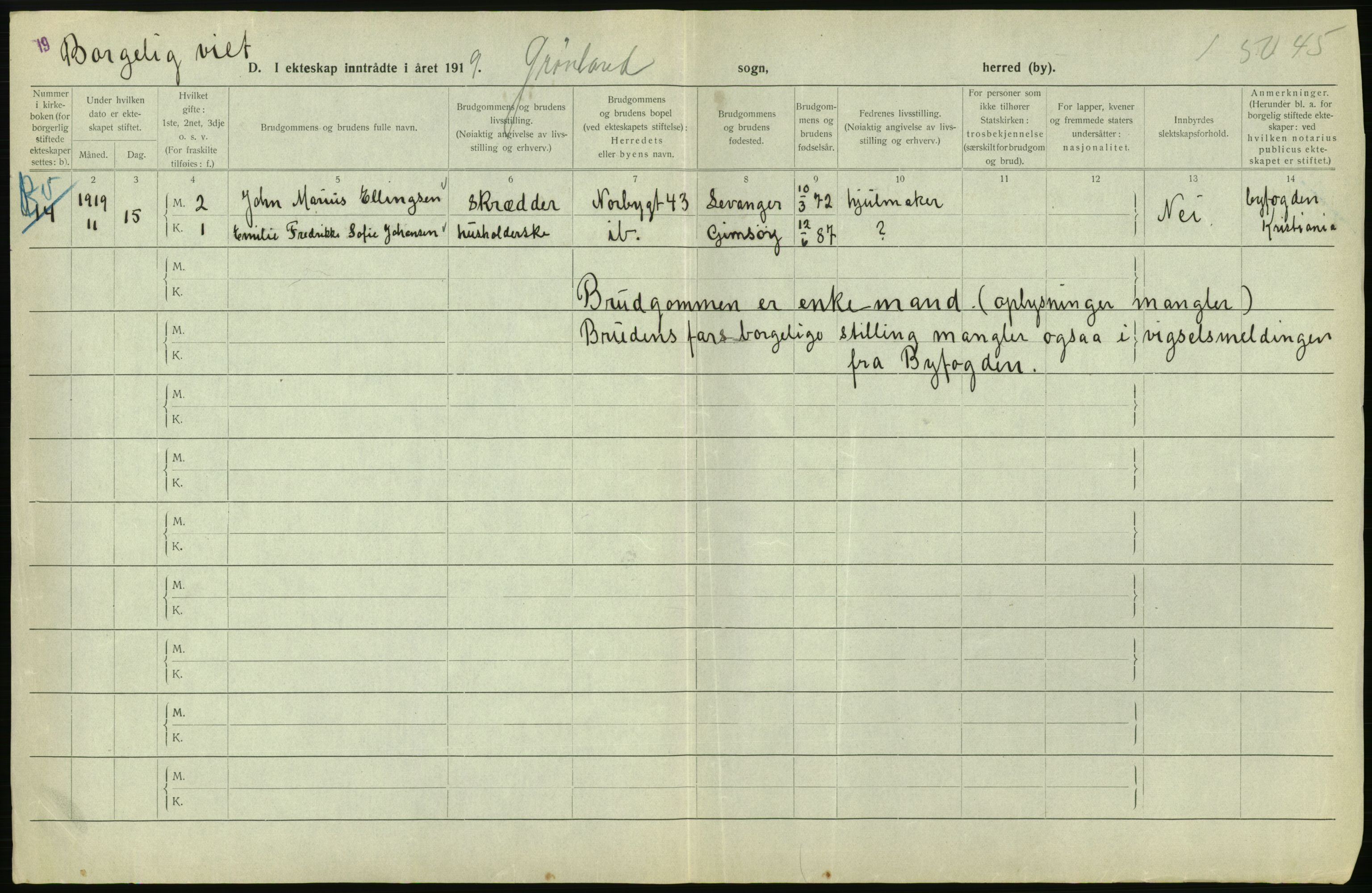 Statistisk sentralbyrå, Sosiodemografiske emner, Befolkning, RA/S-2228/D/Df/Dfb/Dfbi/L0009: Kristiania: Gifte, 1919, s. 726