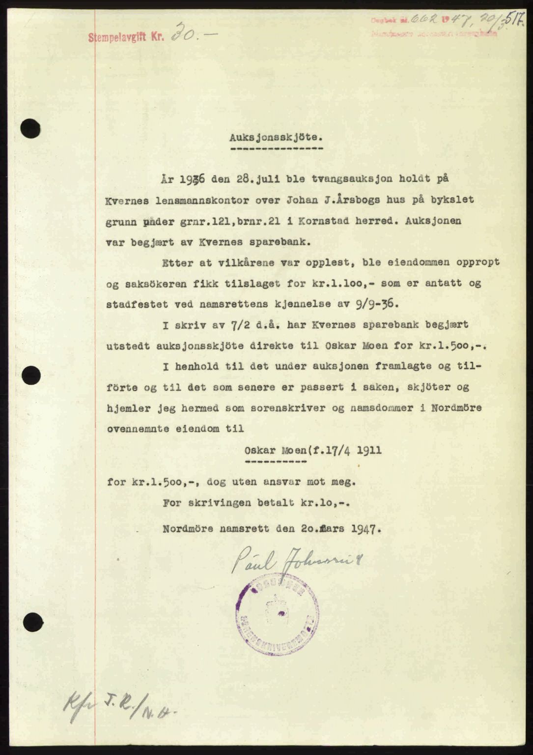 Nordmøre sorenskriveri, SAT/A-4132/1/2/2Ca: Pantebok nr. A104, 1947-1947, Dagboknr: 662/1947