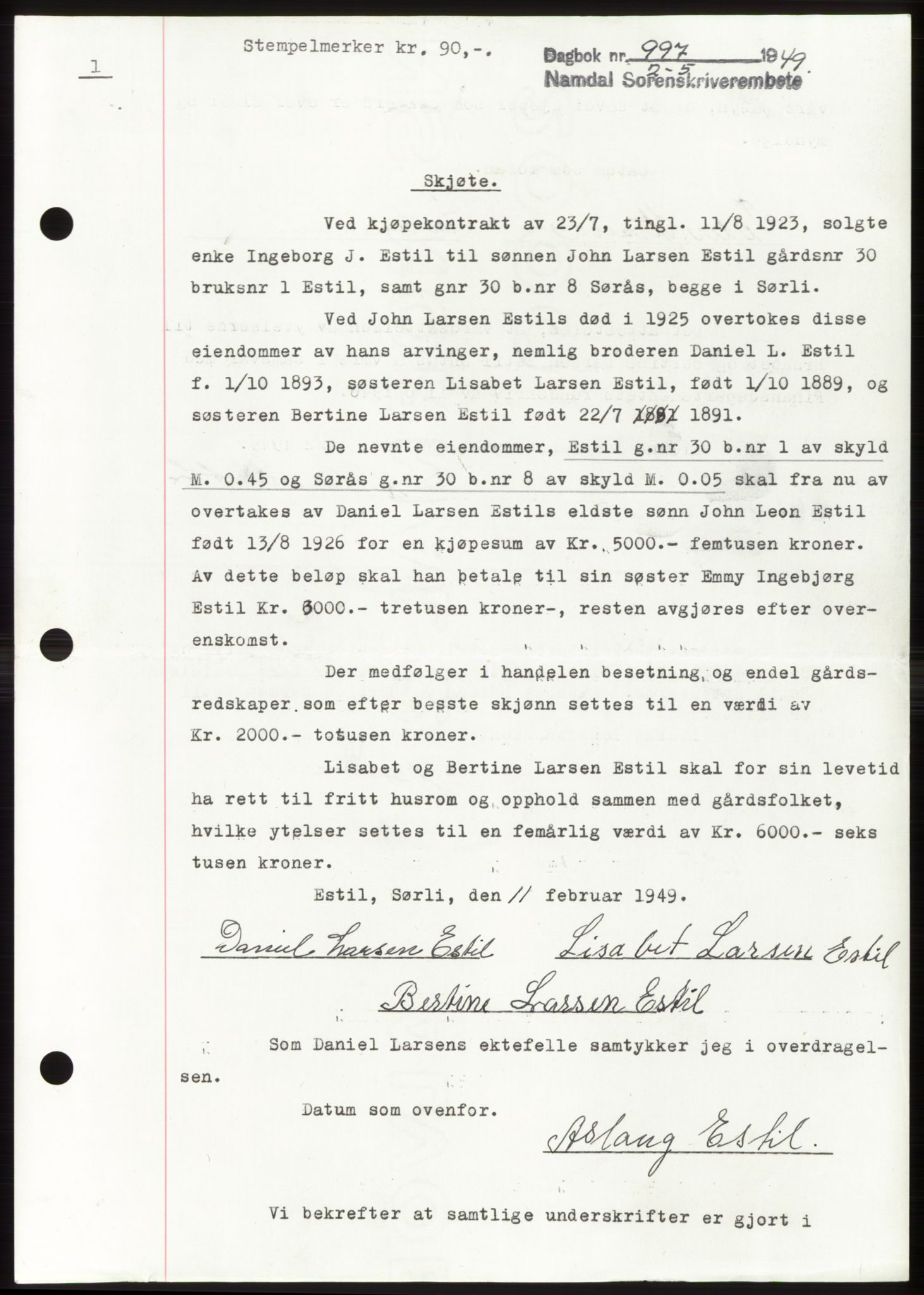 Namdal sorenskriveri, SAT/A-4133/1/2/2C: Pantebok nr. -, 1949-1949, Dagboknr: 997/1949