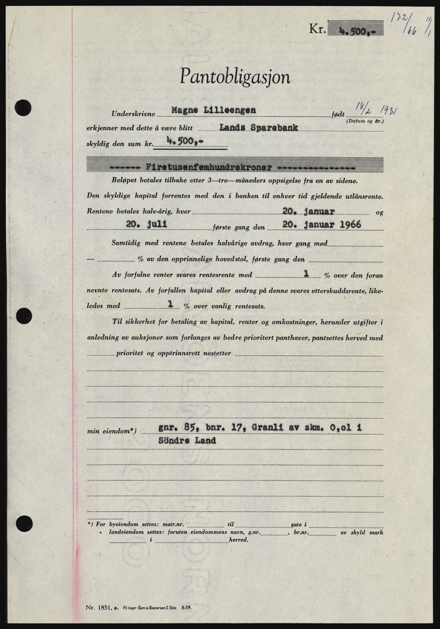 Hadeland og Land tingrett, SAH/TING-010/H/Hb/Hbc/L0061: Pantebok nr. B61, 1965-1966, Dagboknr: 172/1966