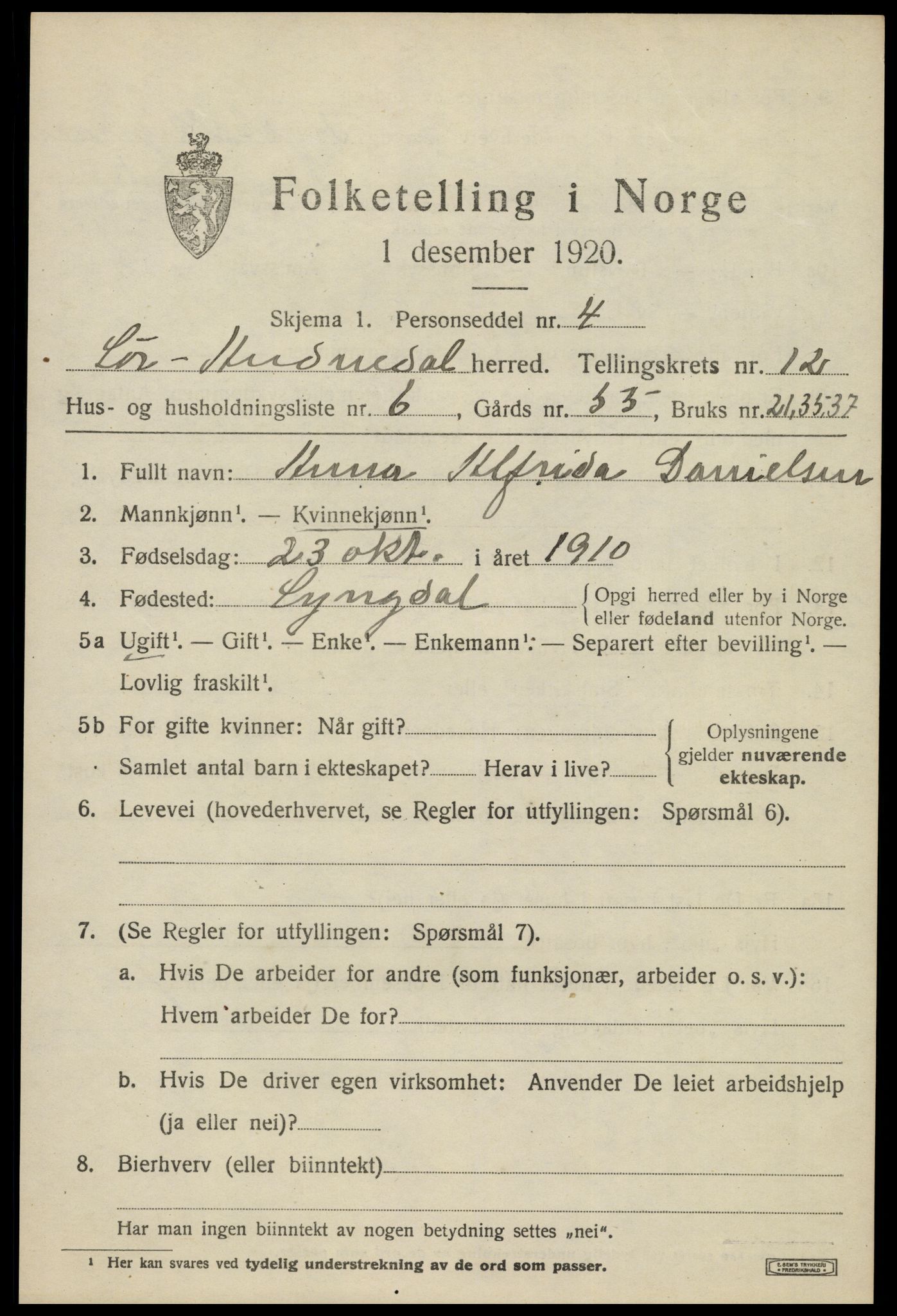 SAK, Folketelling 1920 for 1029 Sør-Audnedal herred, 1920, s. 4563