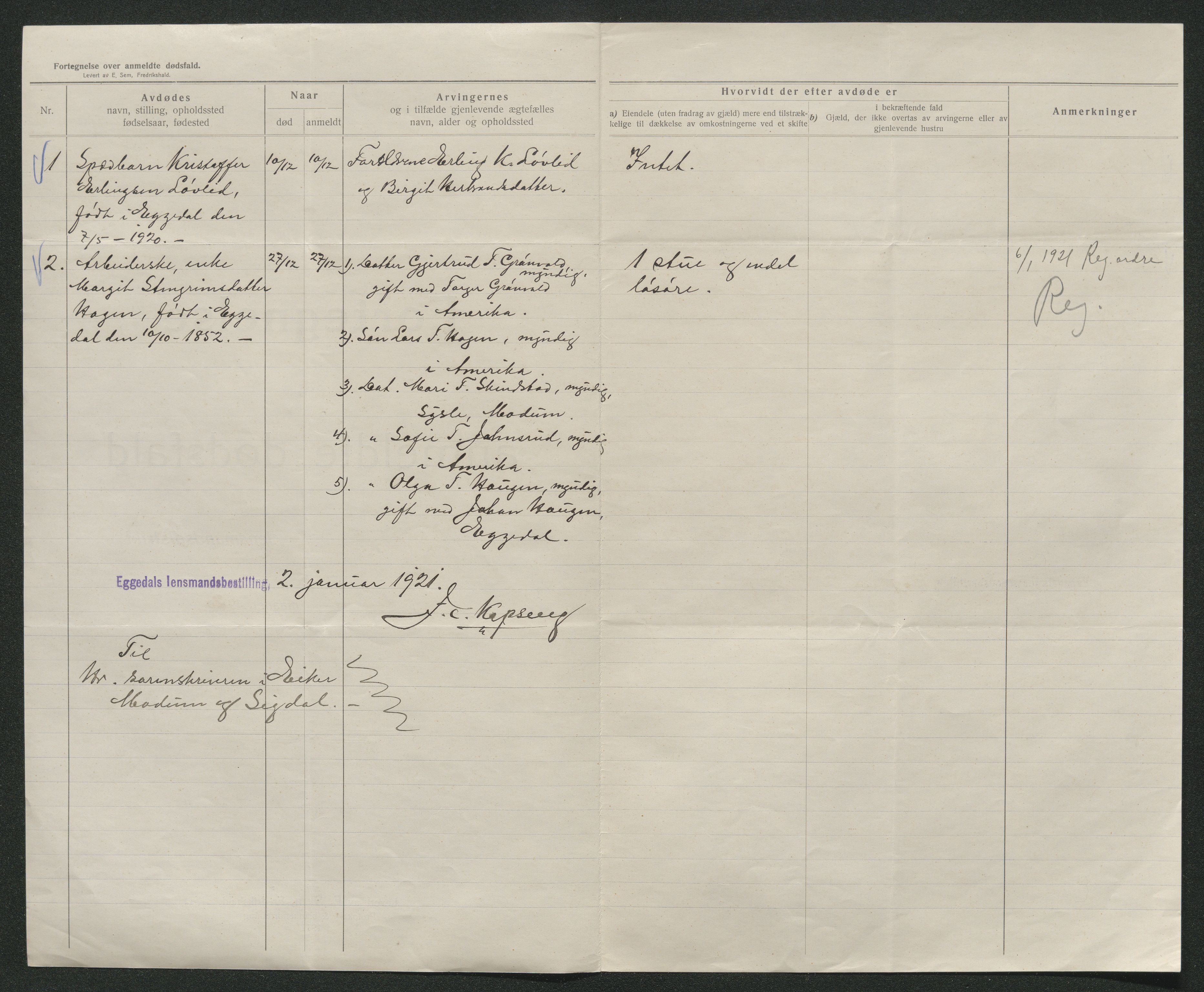 Eiker, Modum og Sigdal sorenskriveri, AV/SAKO-A-123/H/Ha/Hab/L0040: Dødsfallsmeldinger, 1920-1921, s. 573