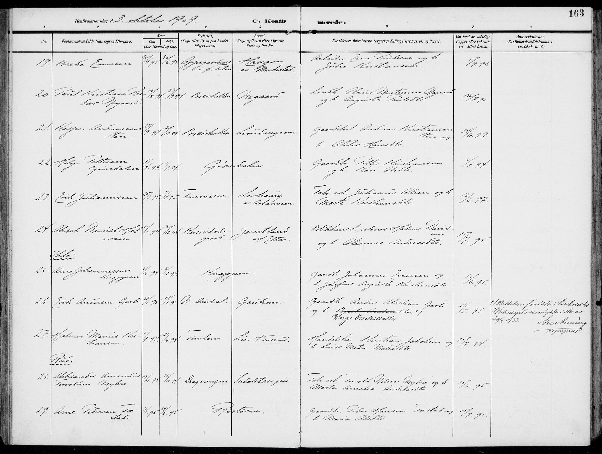 Vestre Toten prestekontor, SAH/PREST-108/H/Ha/Haa/L0014: Ministerialbok nr. 14, 1907-1920, s. 163