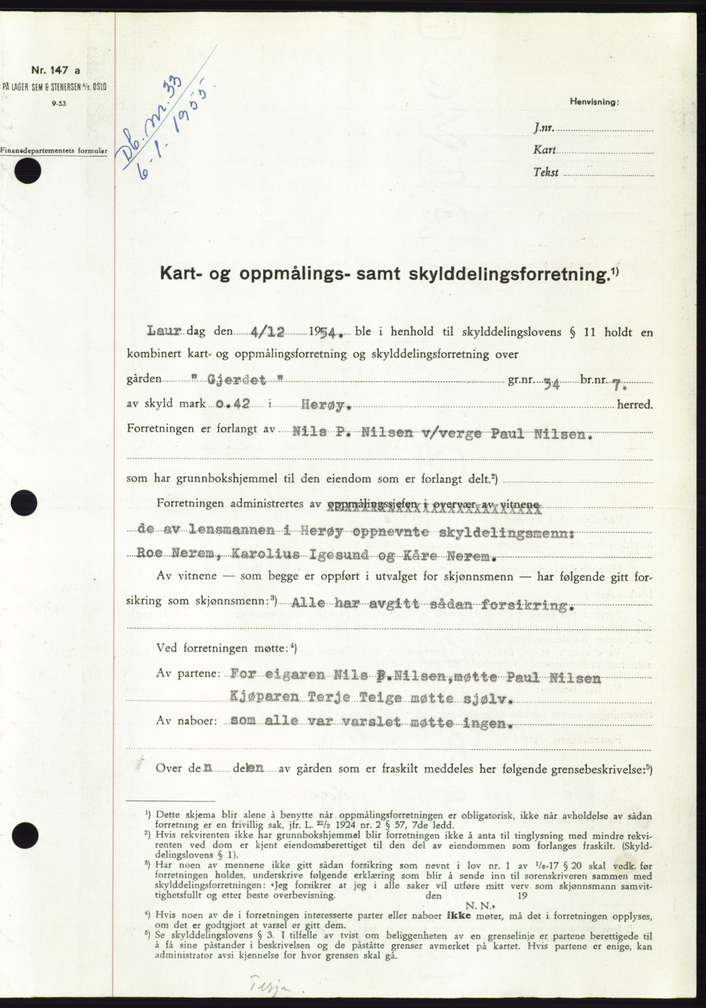 Søre Sunnmøre sorenskriveri, SAT/A-4122/1/2/2C/L0100: Pantebok nr. 26A, 1954-1955, Dagboknr: 33/1955