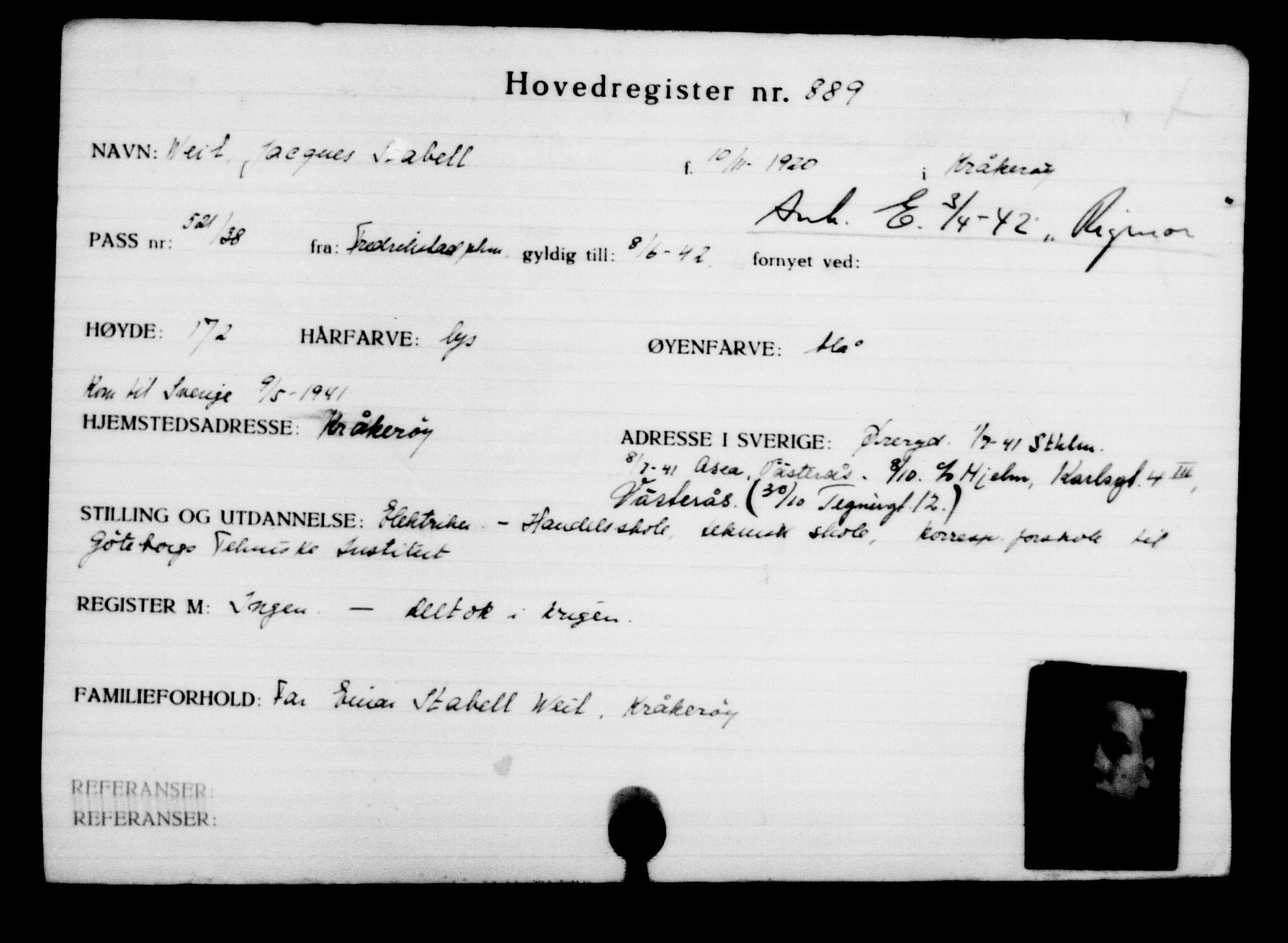 Utenriksstasjonene, Legasjonen i Stockholm, Flyktningkontoret, AV/RA-S-6753/V/Va/L0001: Kjesäterkartoteket, flyktninger med registreringsnr. 1-1000, 1940-1945, s. 1409