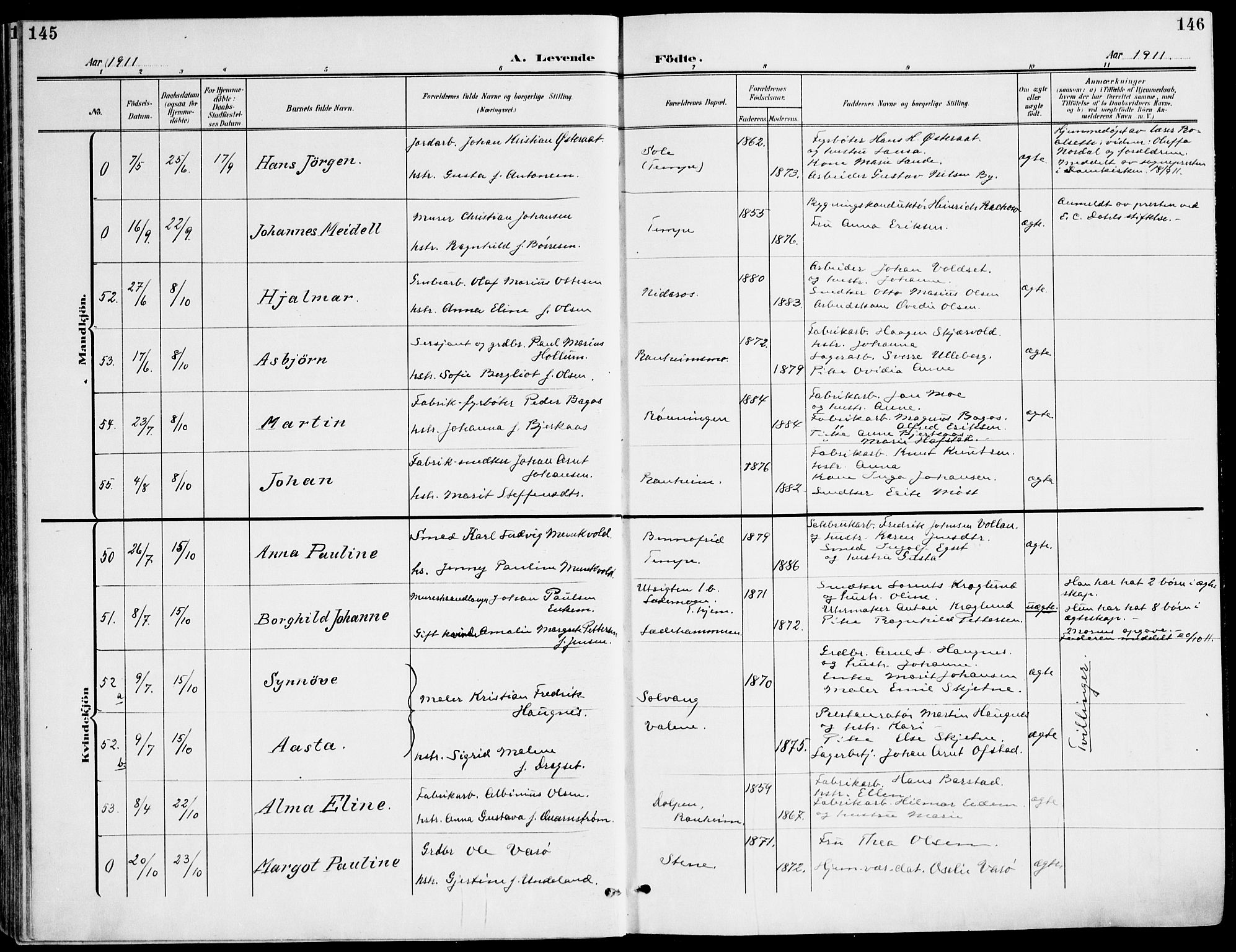 Ministerialprotokoller, klokkerbøker og fødselsregistre - Sør-Trøndelag, AV/SAT-A-1456/607/L0320: Ministerialbok nr. 607A04, 1907-1915, s. 145-146