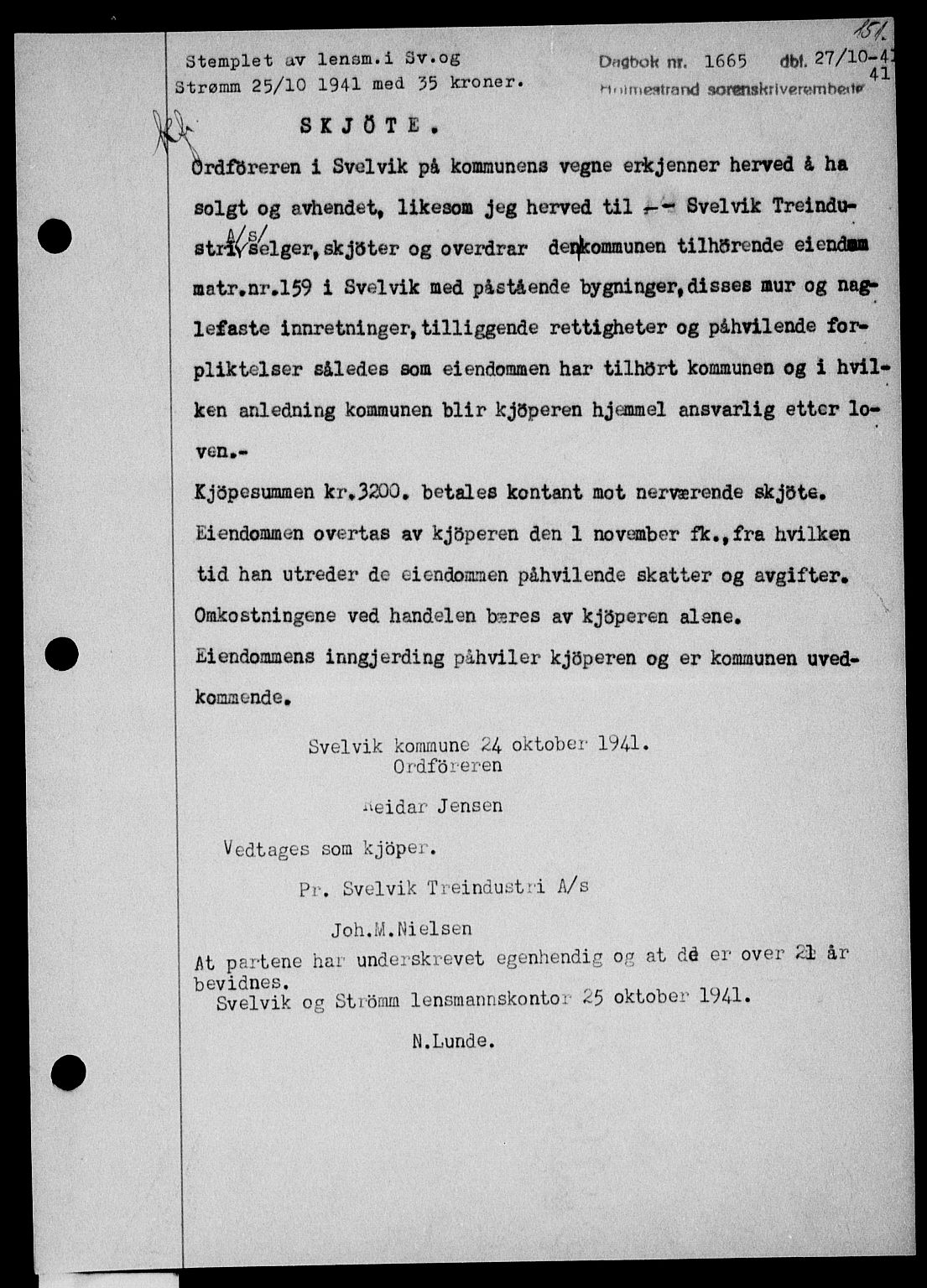 Holmestrand sorenskriveri, SAKO/A-67/G/Ga/Gaa/L0054: Pantebok nr. A-54, 1941-1942, Dagboknr: 1665/1941