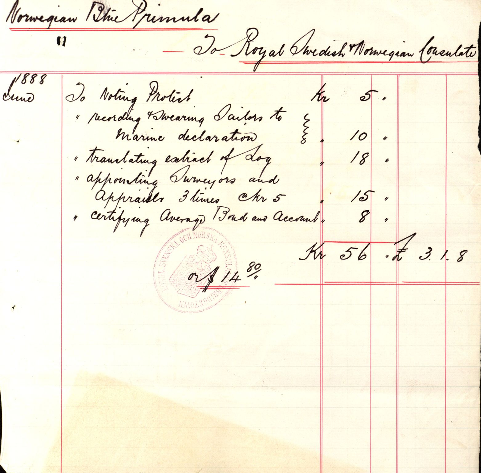 Pa 63 - Østlandske skibsassuranceforening, VEMU/A-1079/G/Ga/L0021/0003: Havaridokumenter / Inga av Drammen, Inga av Sandefjord, Primula, 1888-1889, s. 173