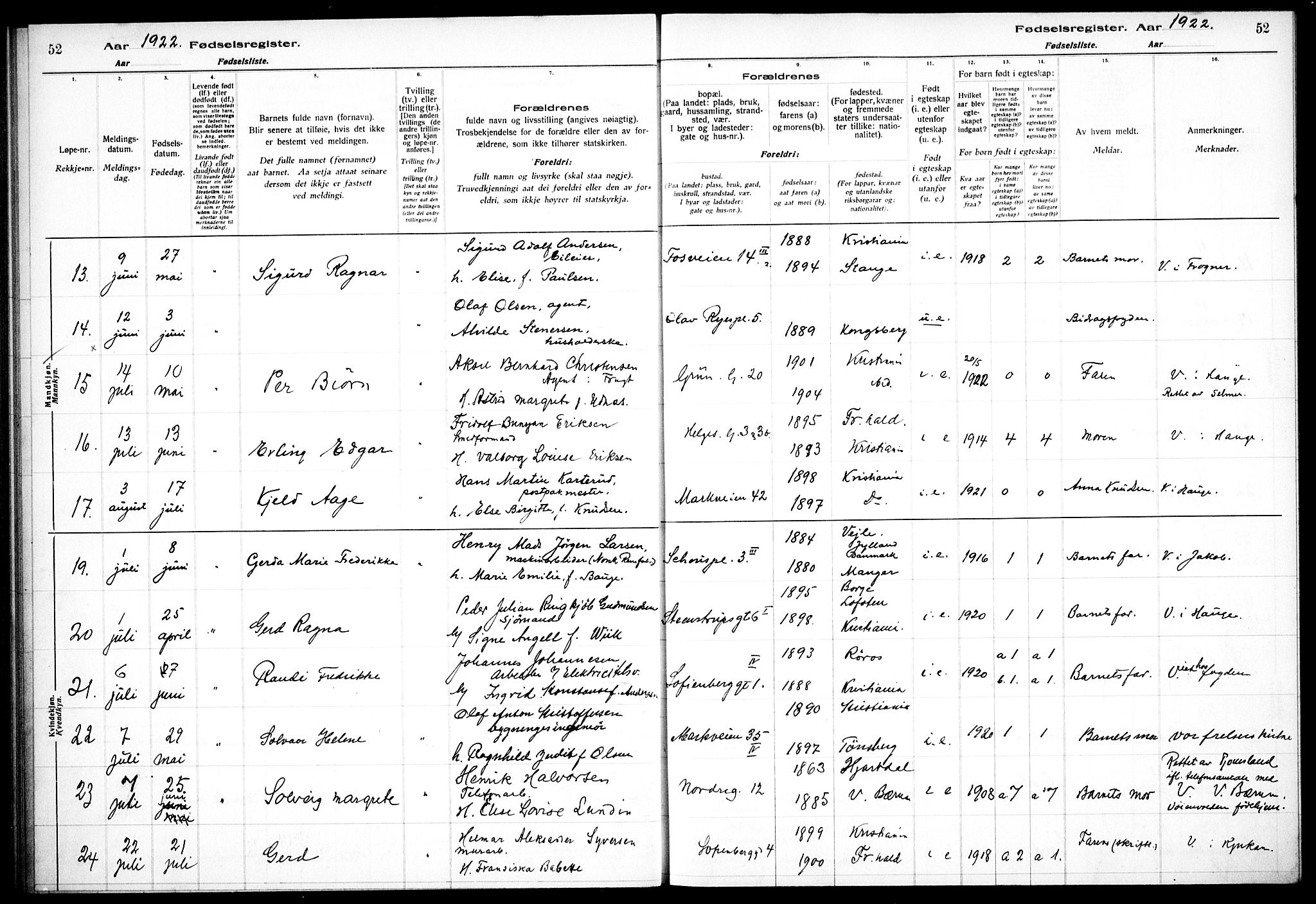 Hauge prestekontor Kirkebøker, AV/SAO-A-10849/J/Ja/L0001: Fødselsregister nr. 1, 1917-1938, s. 52