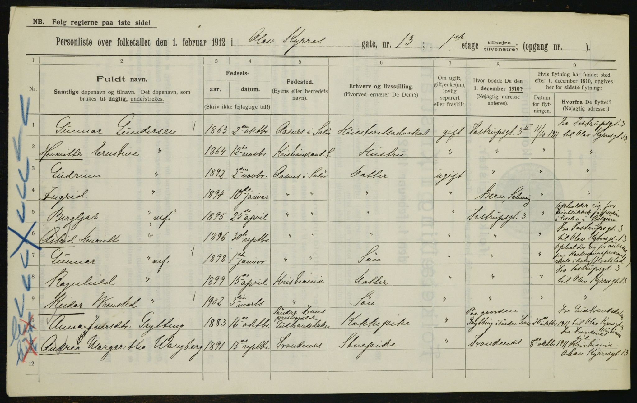 OBA, Kommunal folketelling 1.2.1912 for Kristiania, 1912, s. 76002