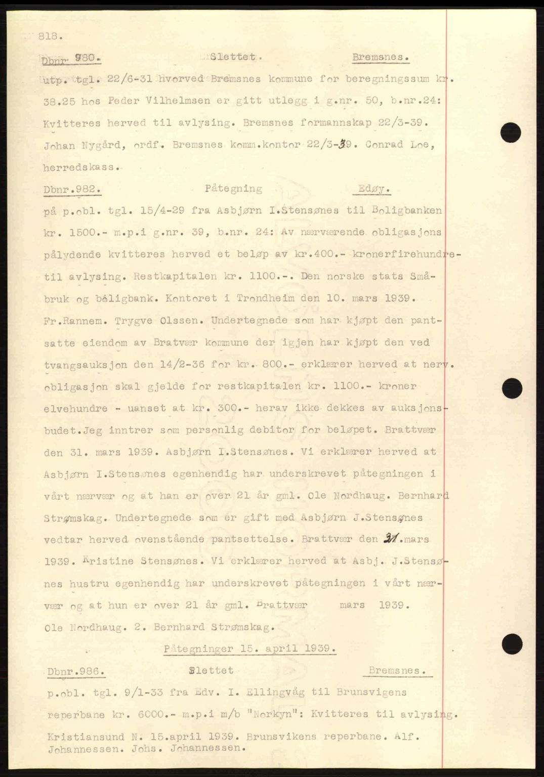 Nordmøre sorenskriveri, SAT/A-4132/1/2/2Ca: Pantebok nr. C80, 1936-1939, Dagboknr: 980/1939