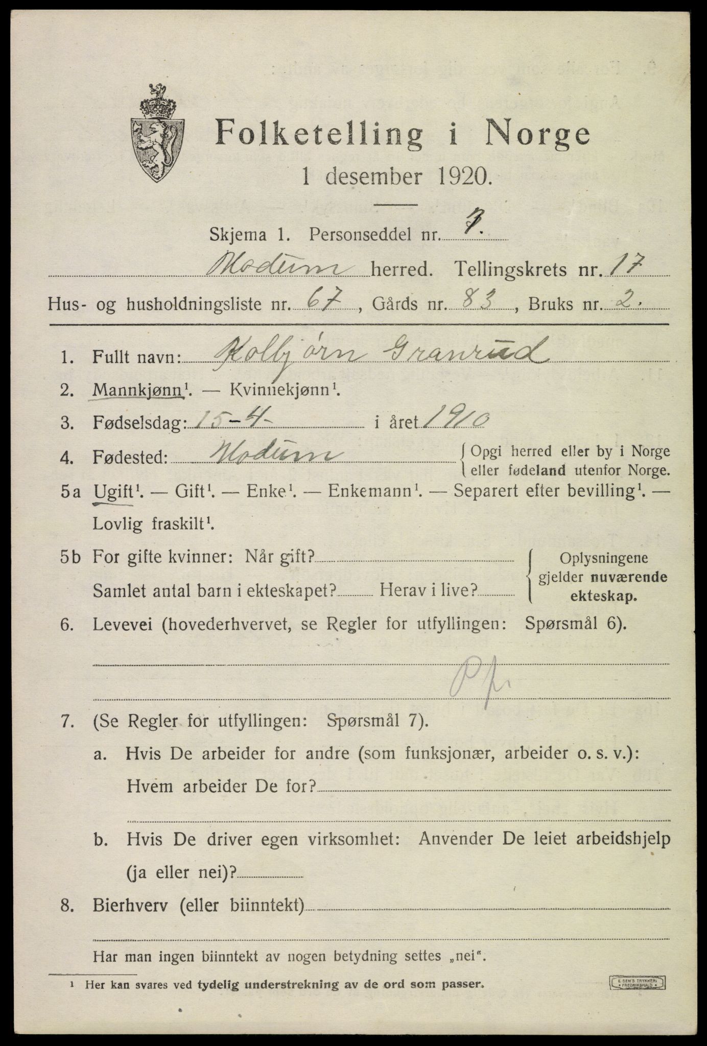 SAKO, Folketelling 1920 for 0623 Modum herred, 1920, s. 21001