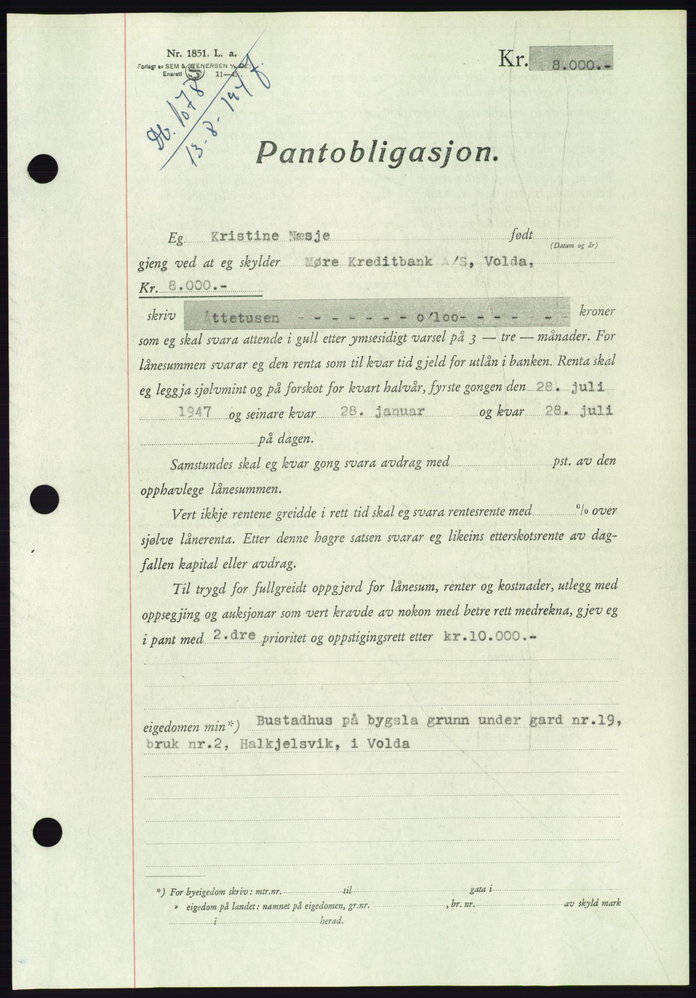 Søre Sunnmøre sorenskriveri, AV/SAT-A-4122/1/2/2C/L0115: Pantebok nr. 3B, 1947-1948, Dagboknr: 1078/1947