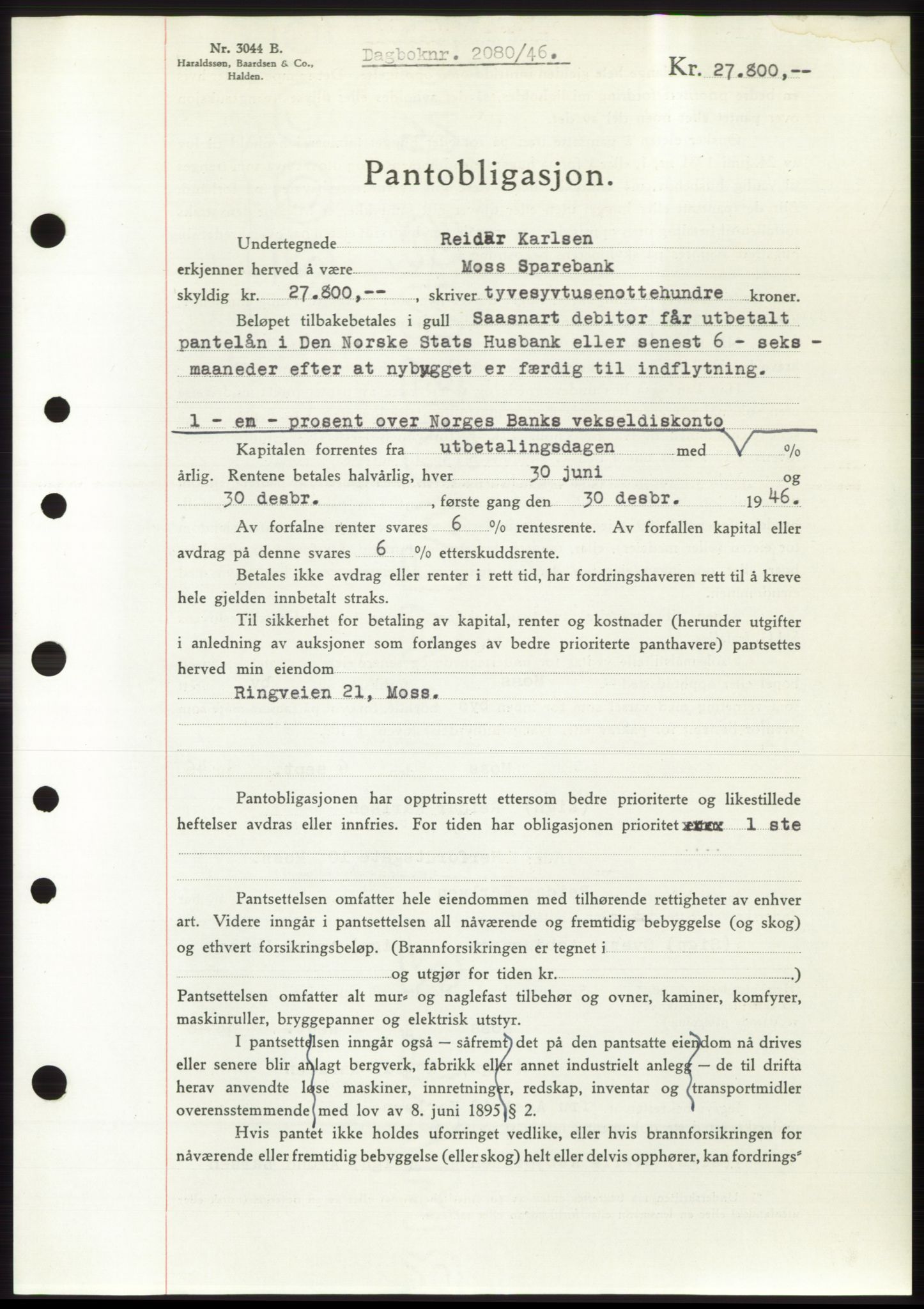 Moss sorenskriveri, SAO/A-10168: Pantebok nr. B15, 1946-1946, Dagboknr: 2080/1946