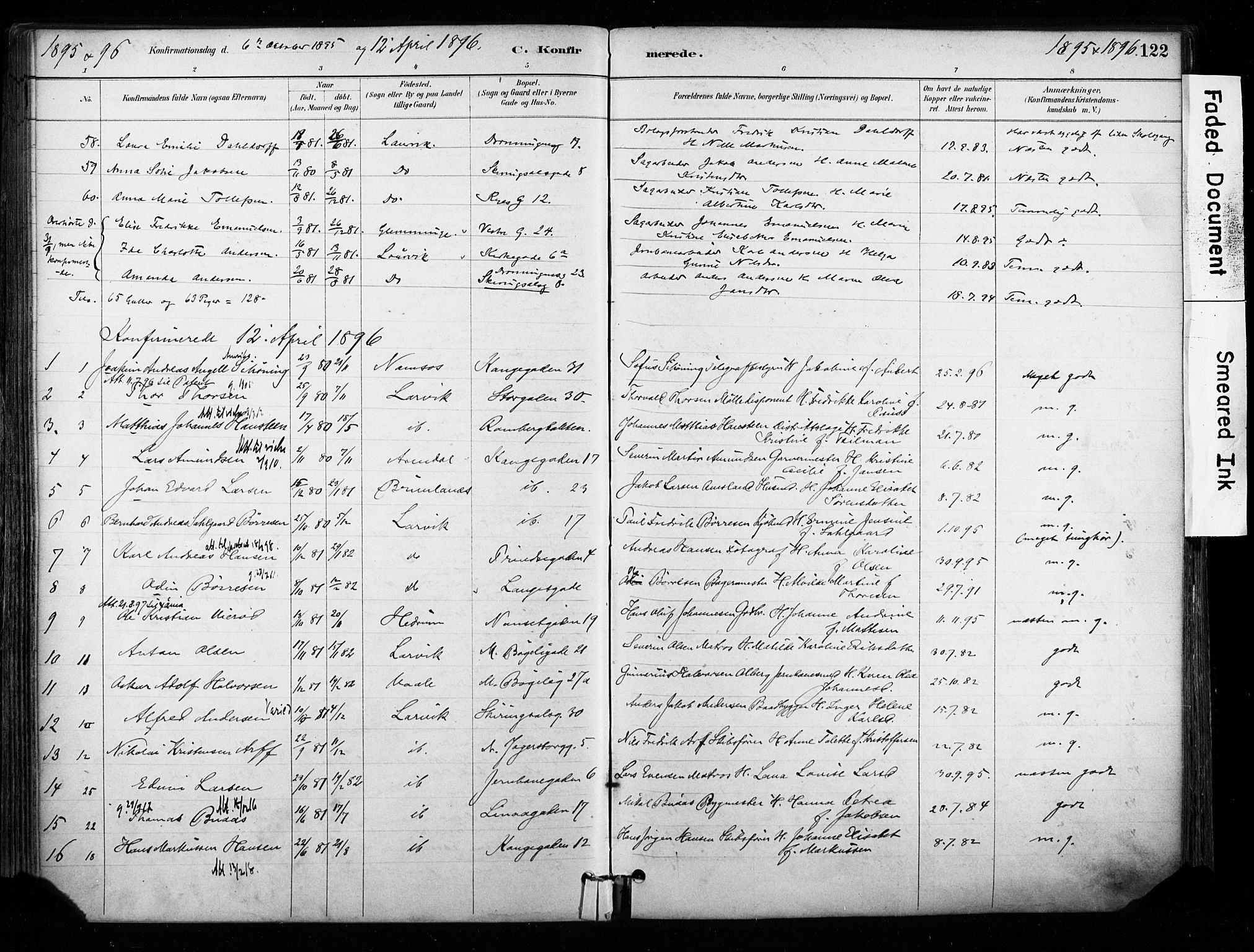 Larvik kirkebøker, AV/SAKO-A-352/F/Fa/L0008: Ministerialbok nr. I 8, 1884-1902, s. 122