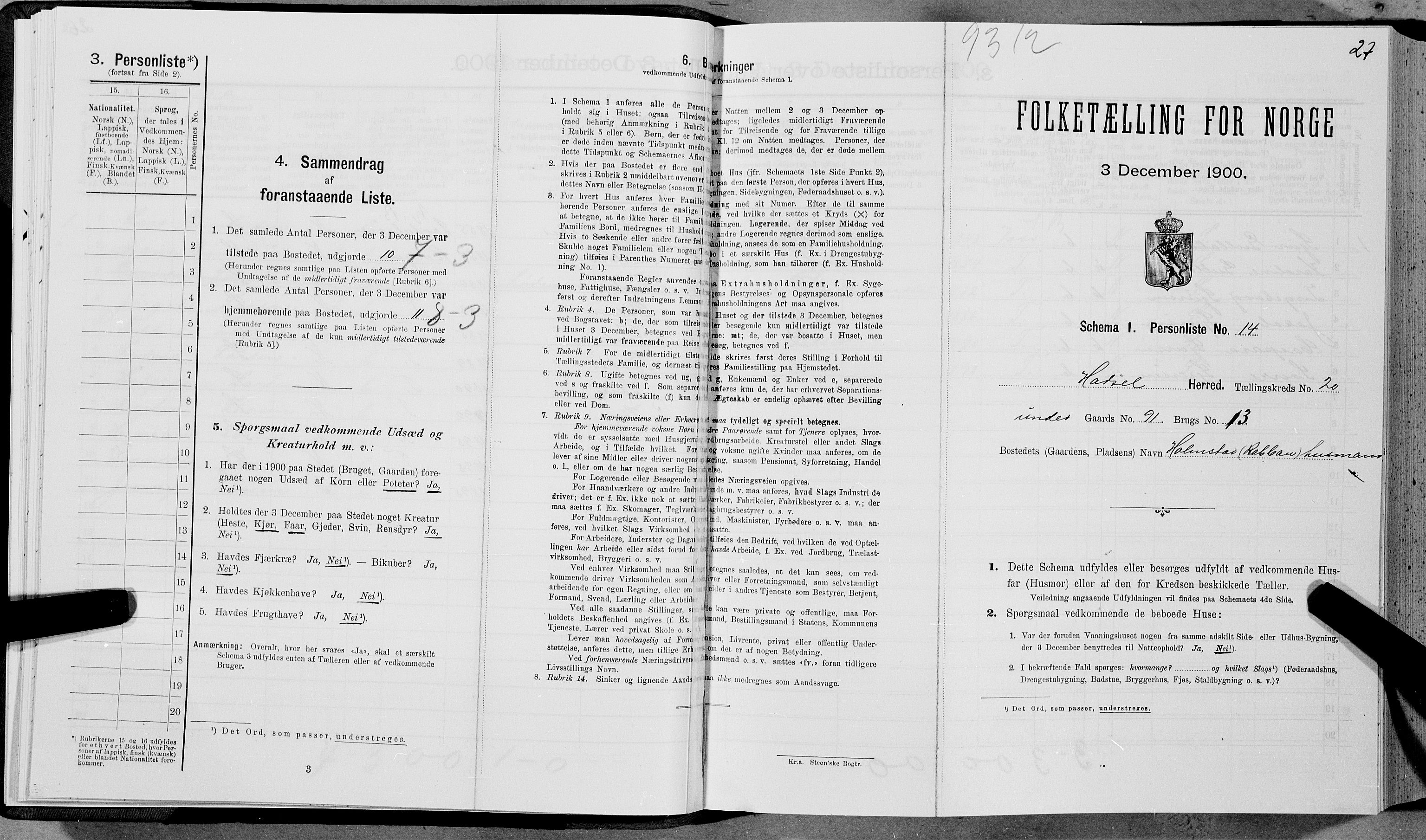 SAT, Folketelling 1900 for 1866 Hadsel herred, 1900, s. 1922