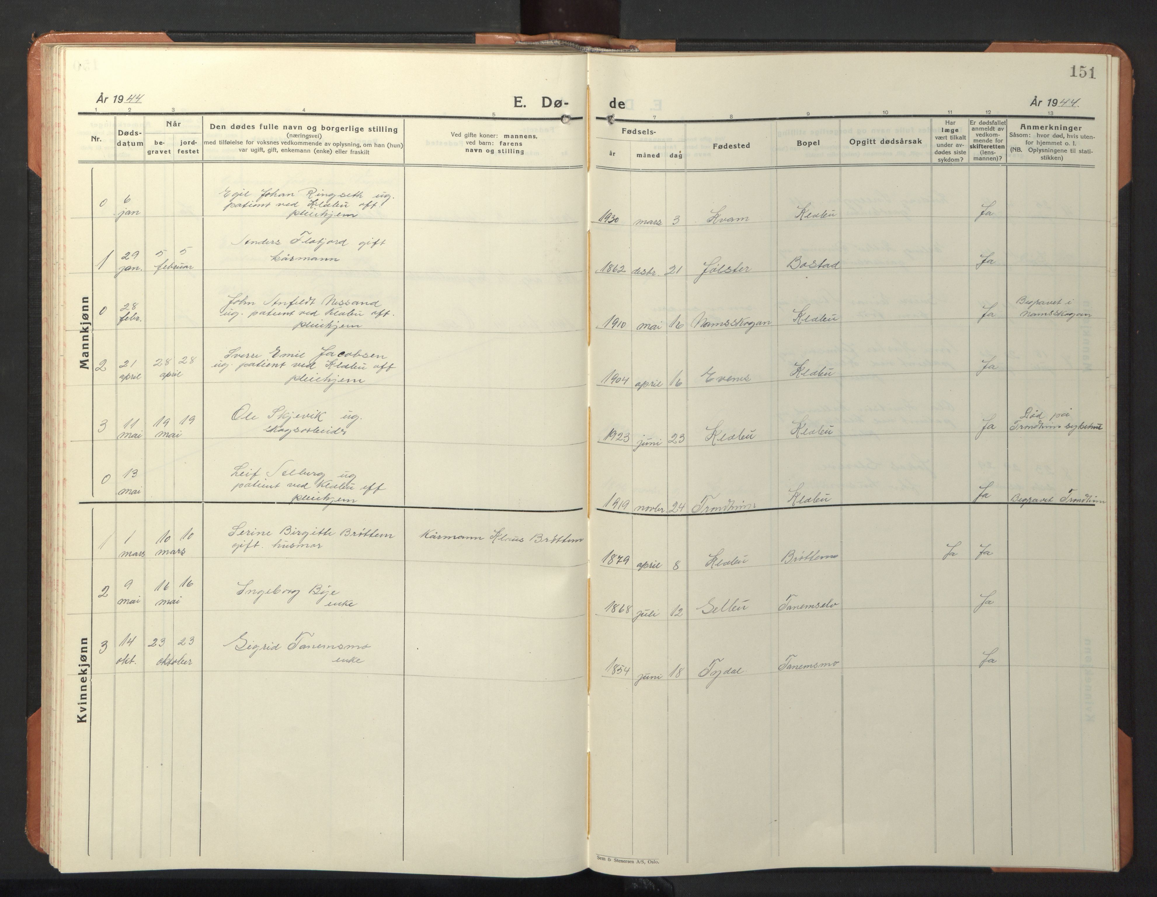 Ministerialprotokoller, klokkerbøker og fødselsregistre - Sør-Trøndelag, SAT/A-1456/618/L0454: Klokkerbok nr. 618C05, 1926-1946, s. 151