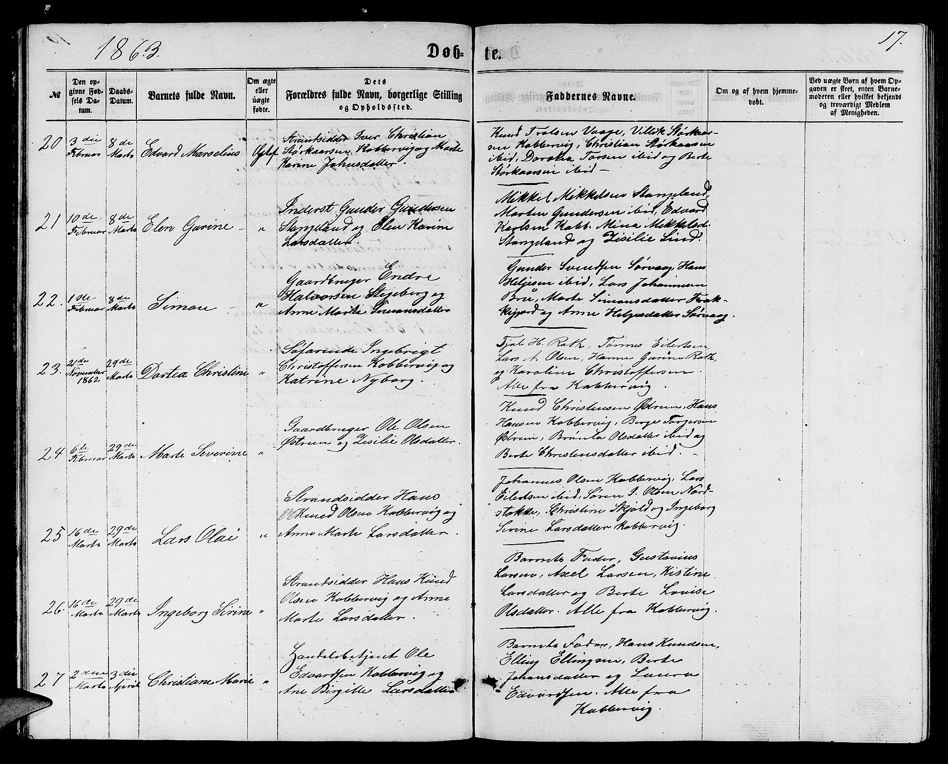 Avaldsnes sokneprestkontor, AV/SAST-A -101851/H/Ha/Hab/L0004: Klokkerbok nr. B 4, 1861-1876, s. 17