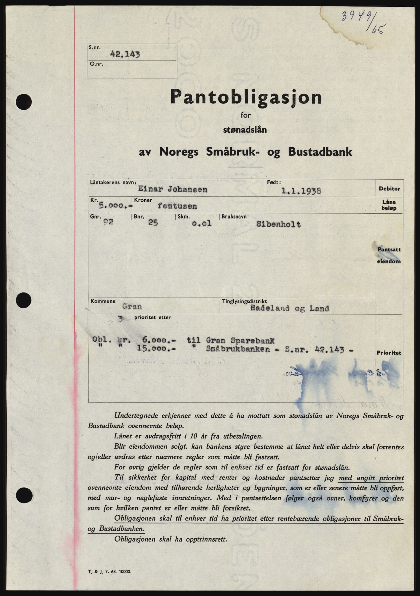Hadeland og Land tingrett, SAH/TING-010/H/Hb/Hbc/L0059: Pantebok nr. B59, 1965-1965, Dagboknr: 3949/1965