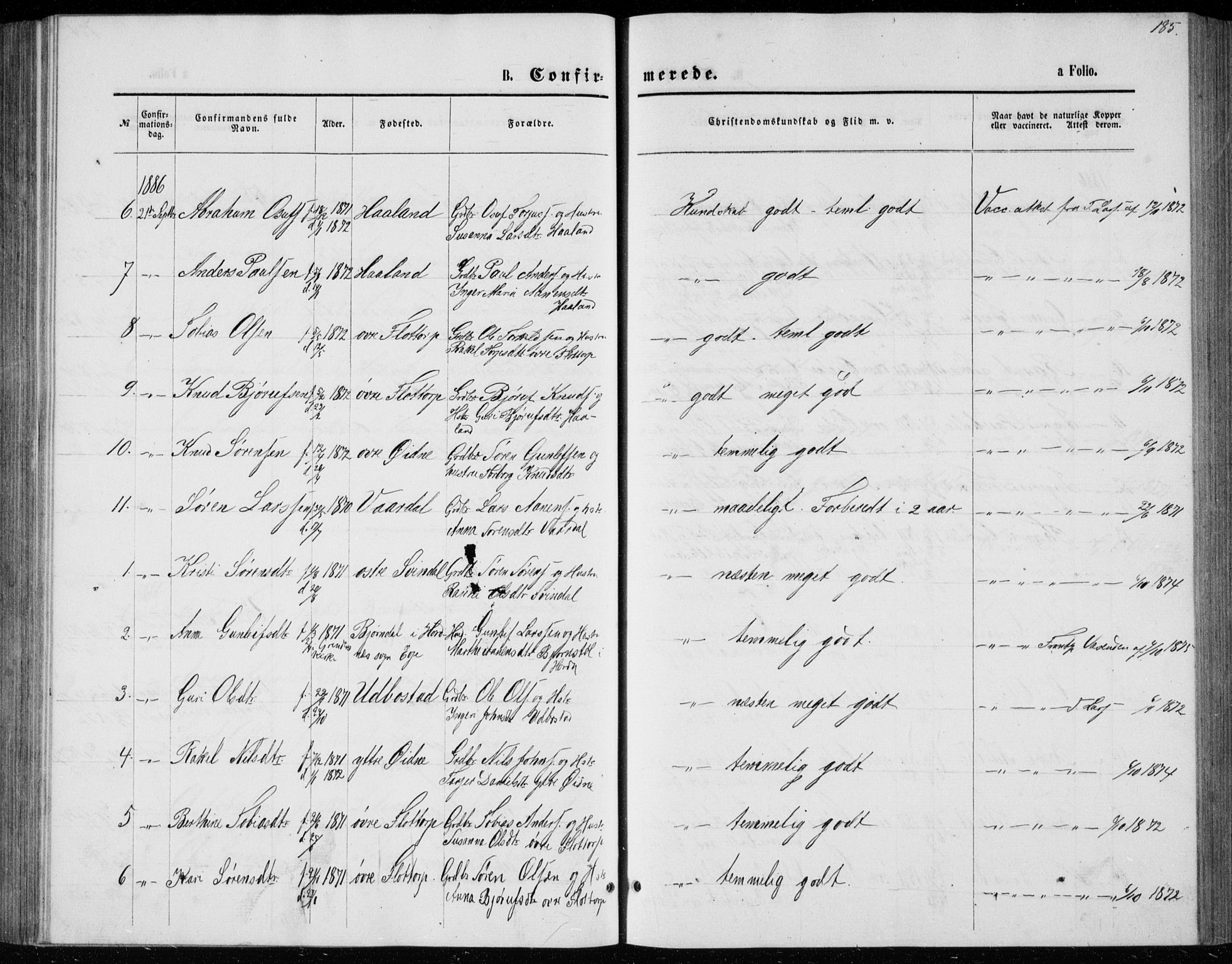 Bjelland sokneprestkontor, SAK/1111-0005/F/Fb/Fbc/L0002: Klokkerbok nr. B 2, 1867-1887, s. 185