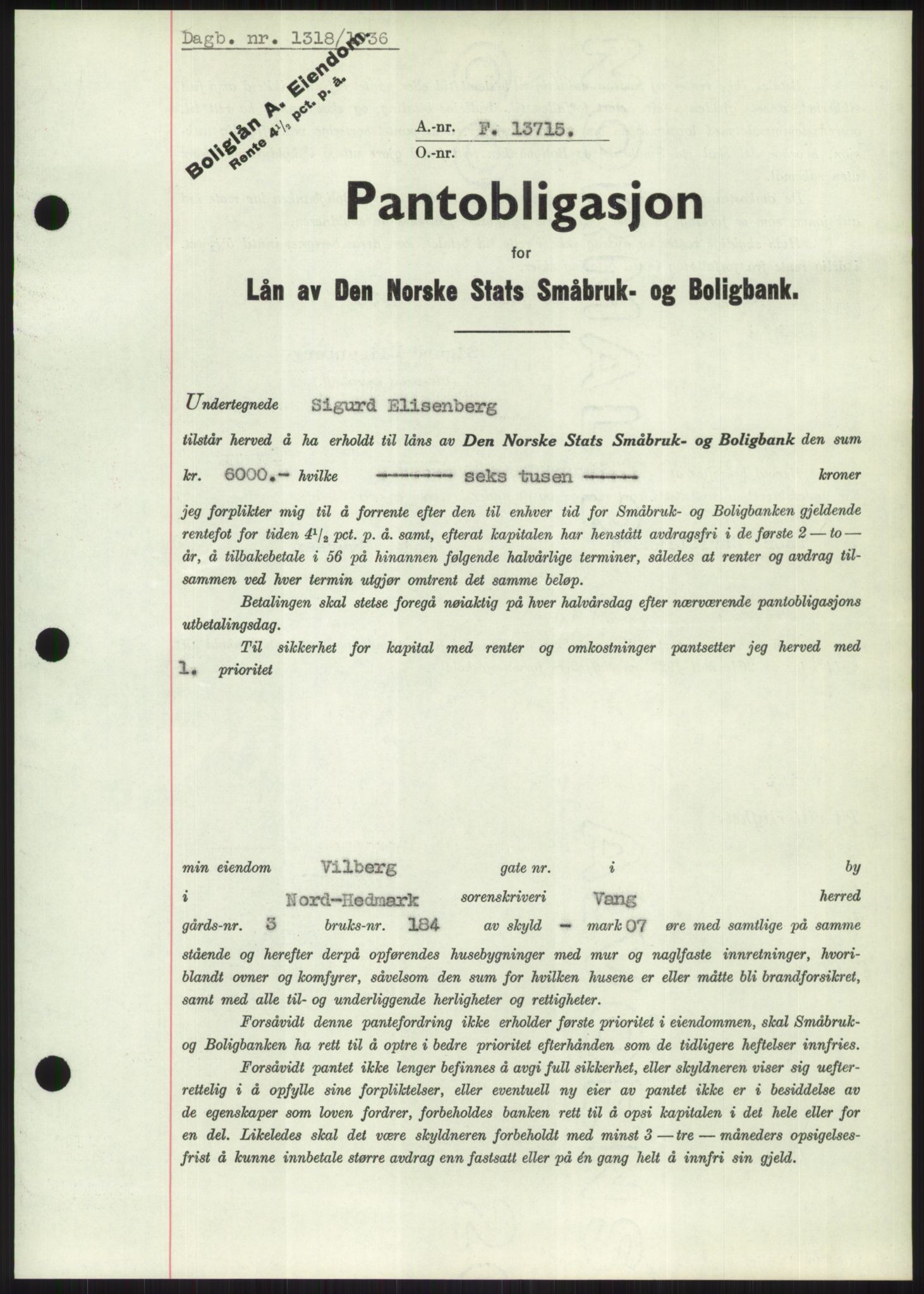 Nord-Hedmark sorenskriveri, SAH/TING-012/H/Hb/Hbf/L0001: Pantebok nr. B1, 1936-1936, Dagboknr: 1318/1936