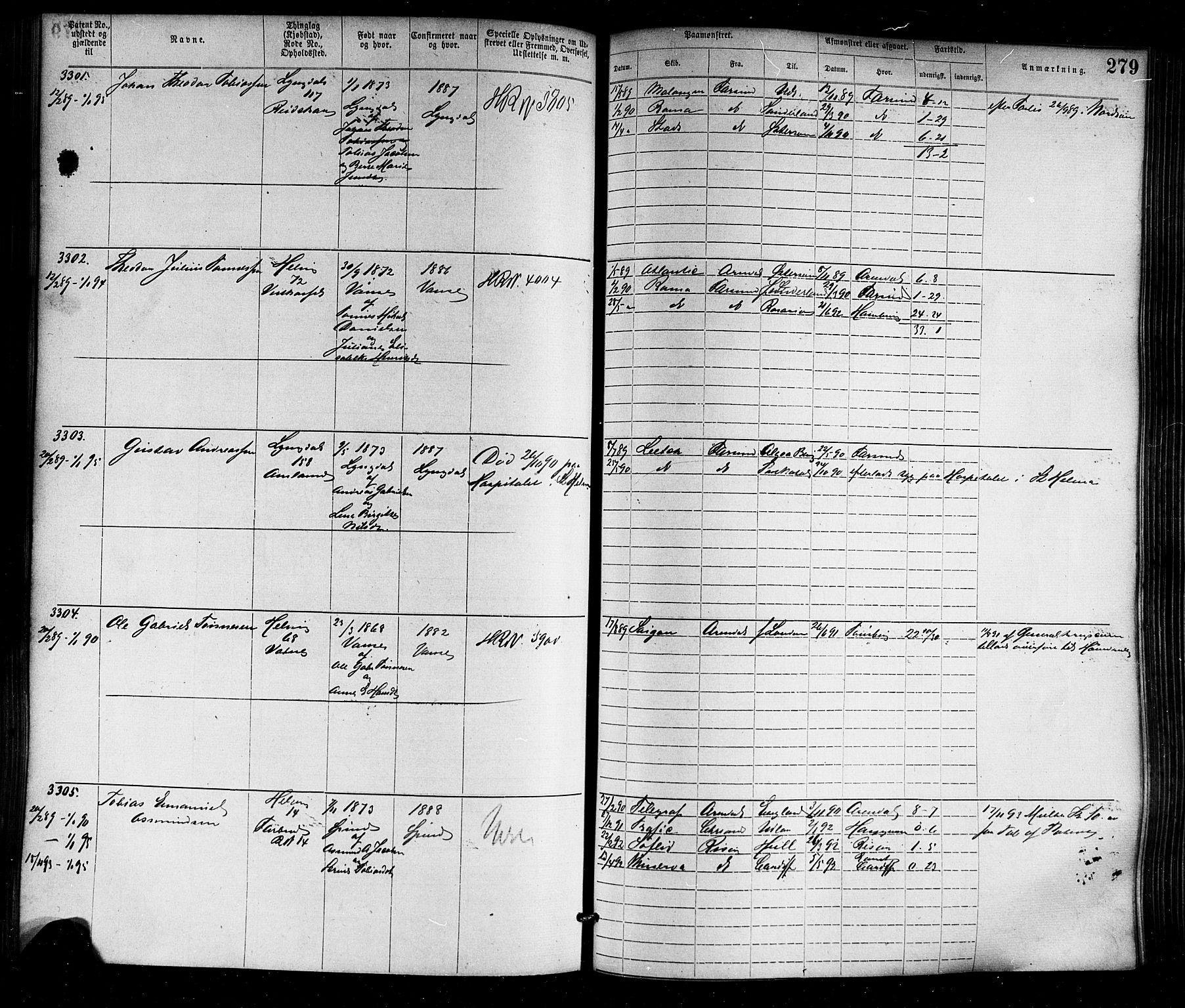 Farsund mønstringskrets, SAK/2031-0017/F/Fa/L0006: Annotasjonsrulle nr 1911-3805 med register, Z-3, 1877-1894, s. 314
