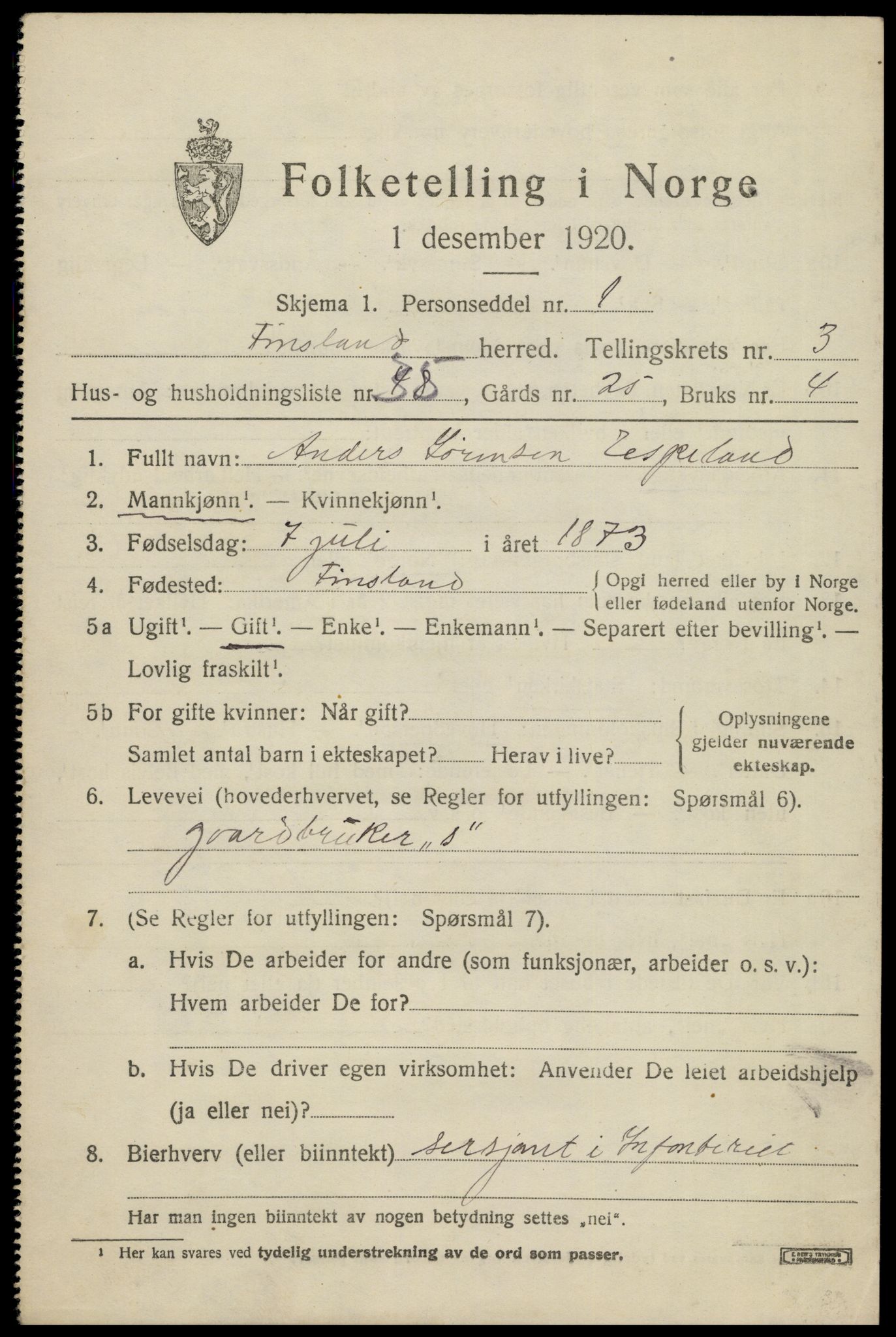 SAK, Folketelling 1920 for 1023 Finsland herred, 1920, s. 1582