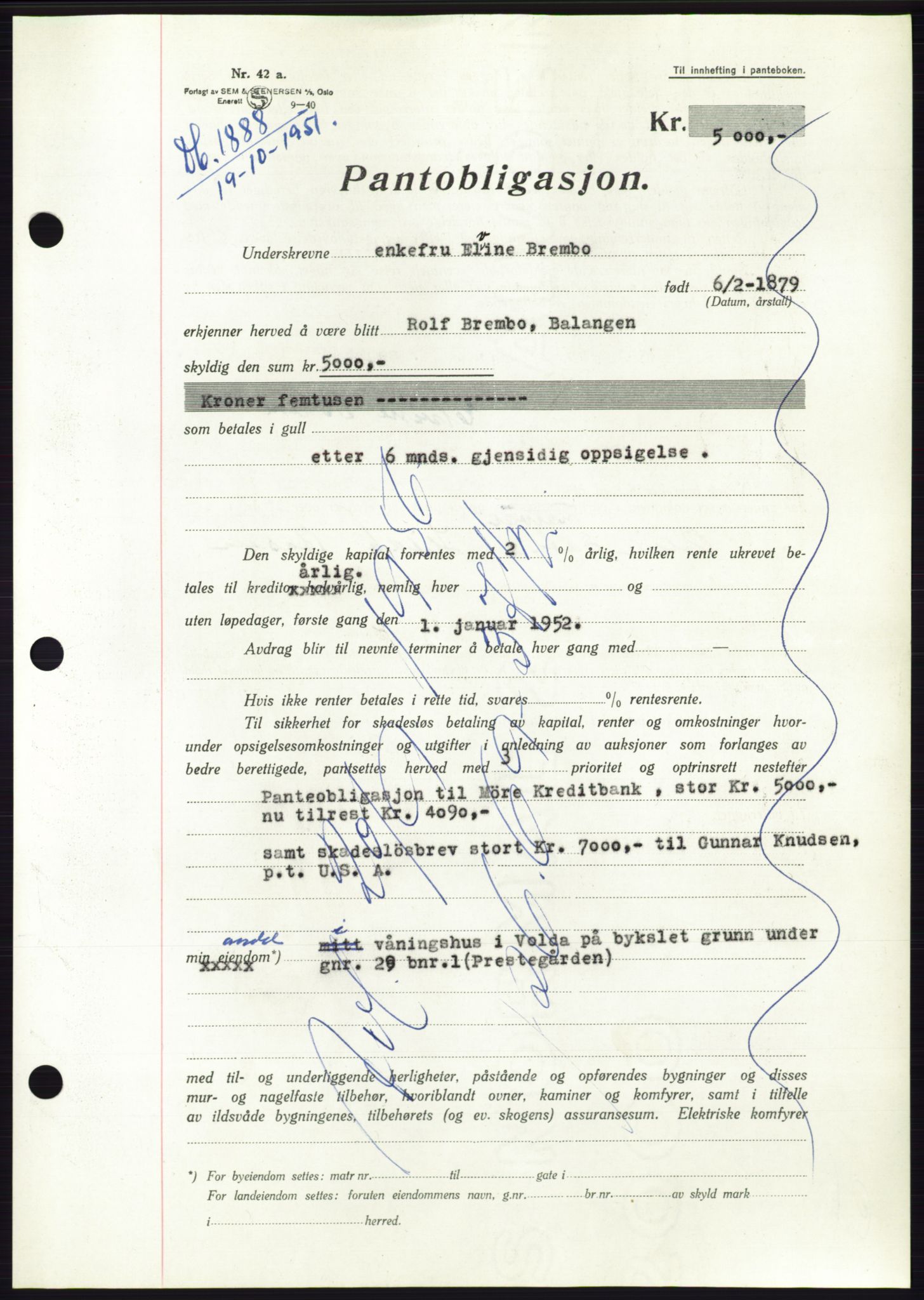 Søre Sunnmøre sorenskriveri, AV/SAT-A-4122/1/2/2C/L0120: Pantebok nr. 8B, 1951-1951, Dagboknr: 1888/1951
