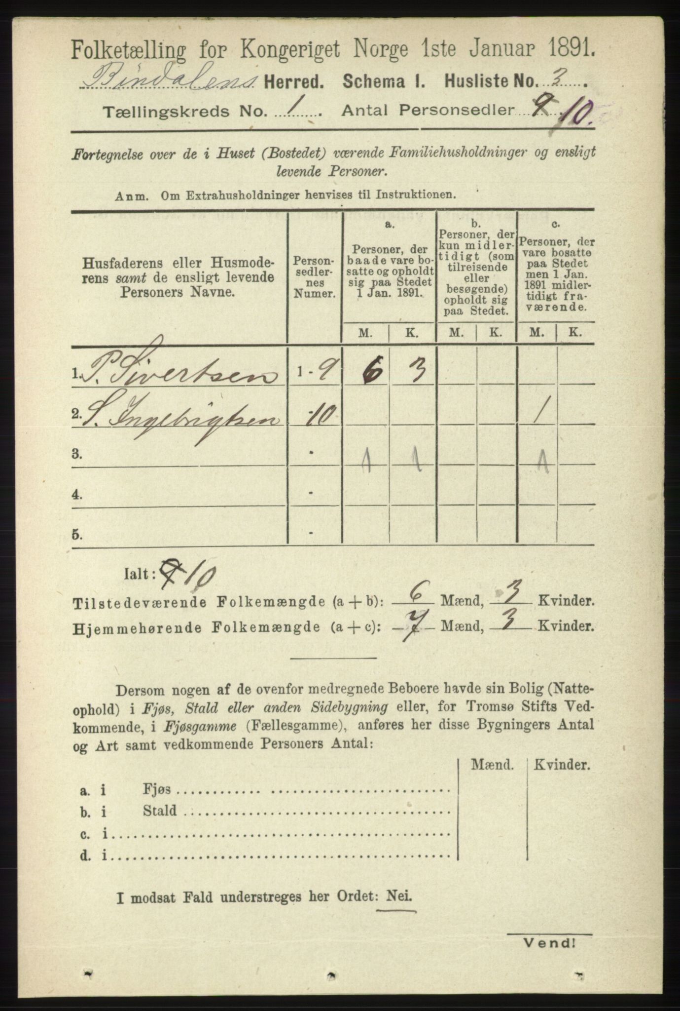 RA, Folketelling 1891 for 1811 Bindal herred, 1891, s. 29